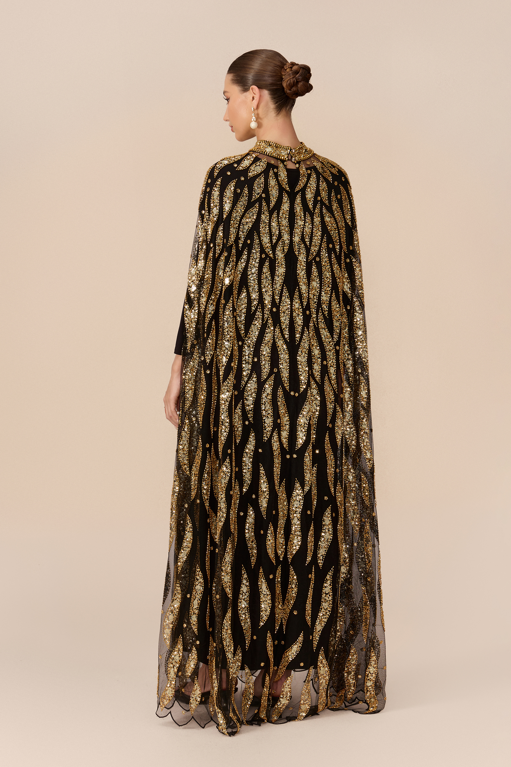Candlelight Charm Black Sequin Embroidery Cape Sleeve Maxi Dress