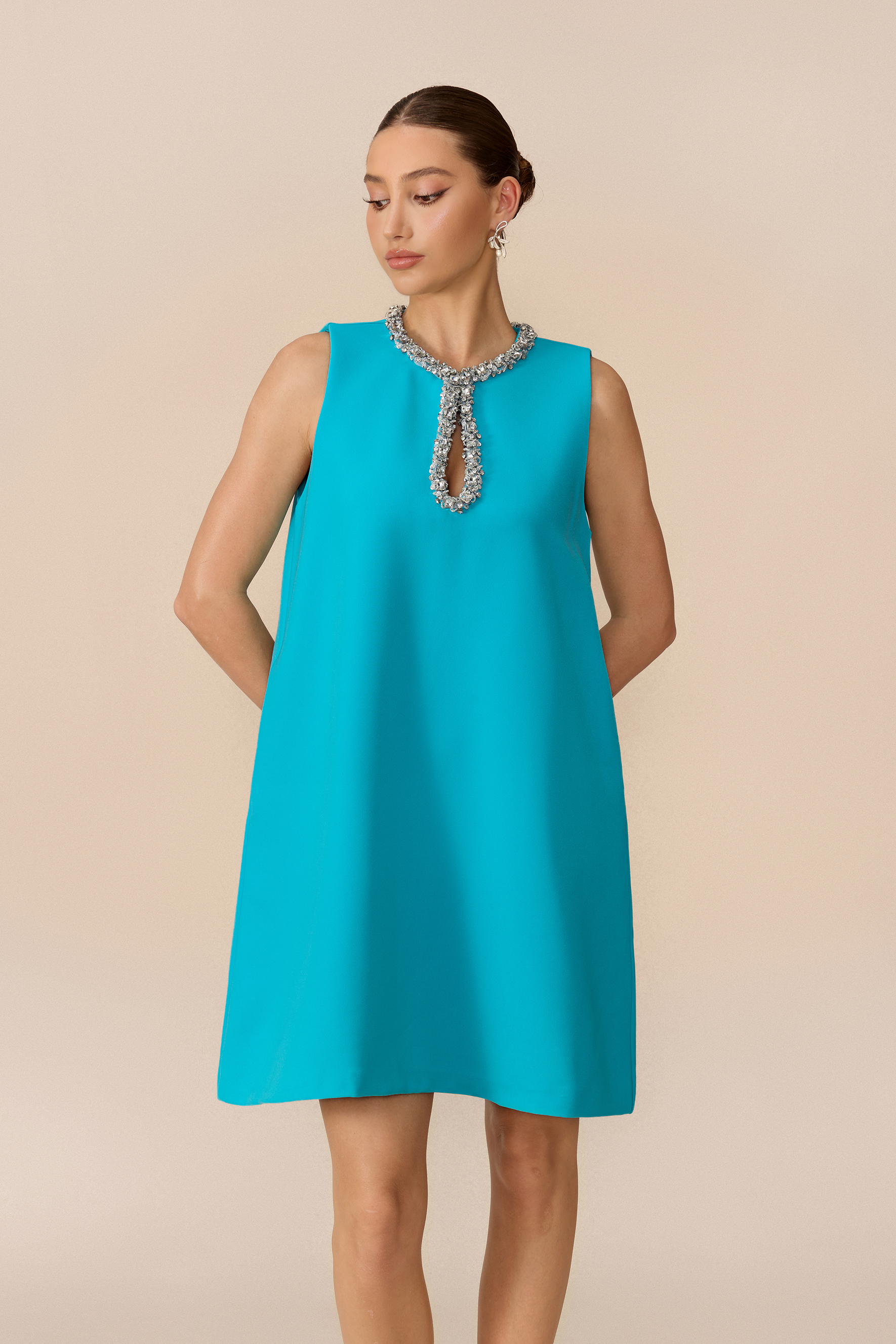 Fresh Feeling Mint Embellished Keyhole Mini Dress
