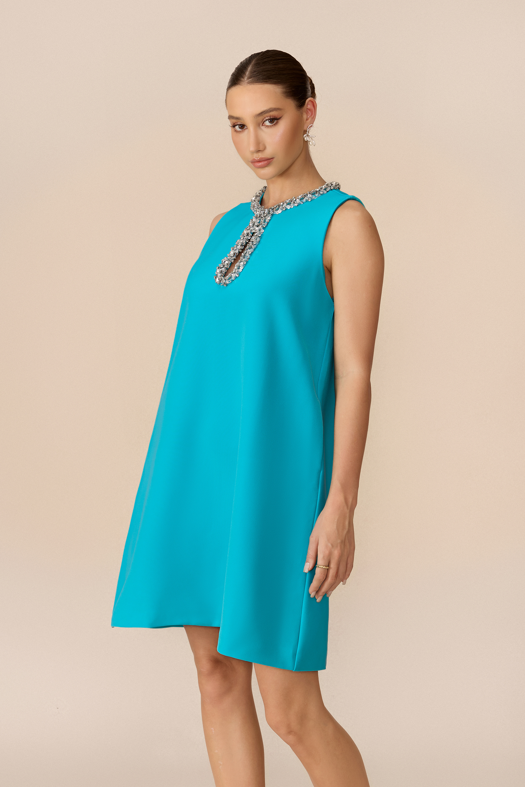 Fresh Feeling Mint Embellished Keyhole Mini Dress
