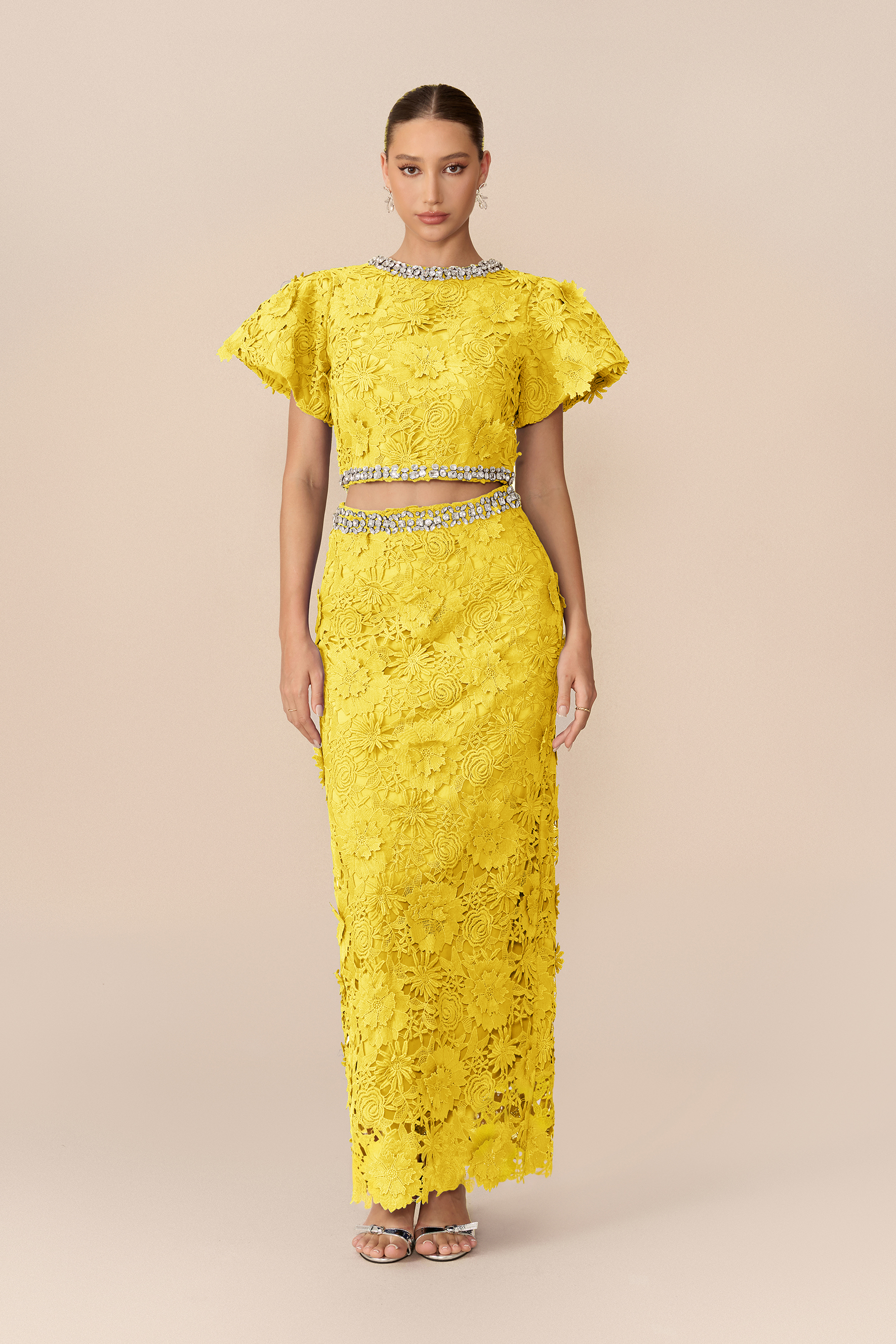 Elegant Gathering Floral Lace Rhinestone Trim Top & Skirt Set