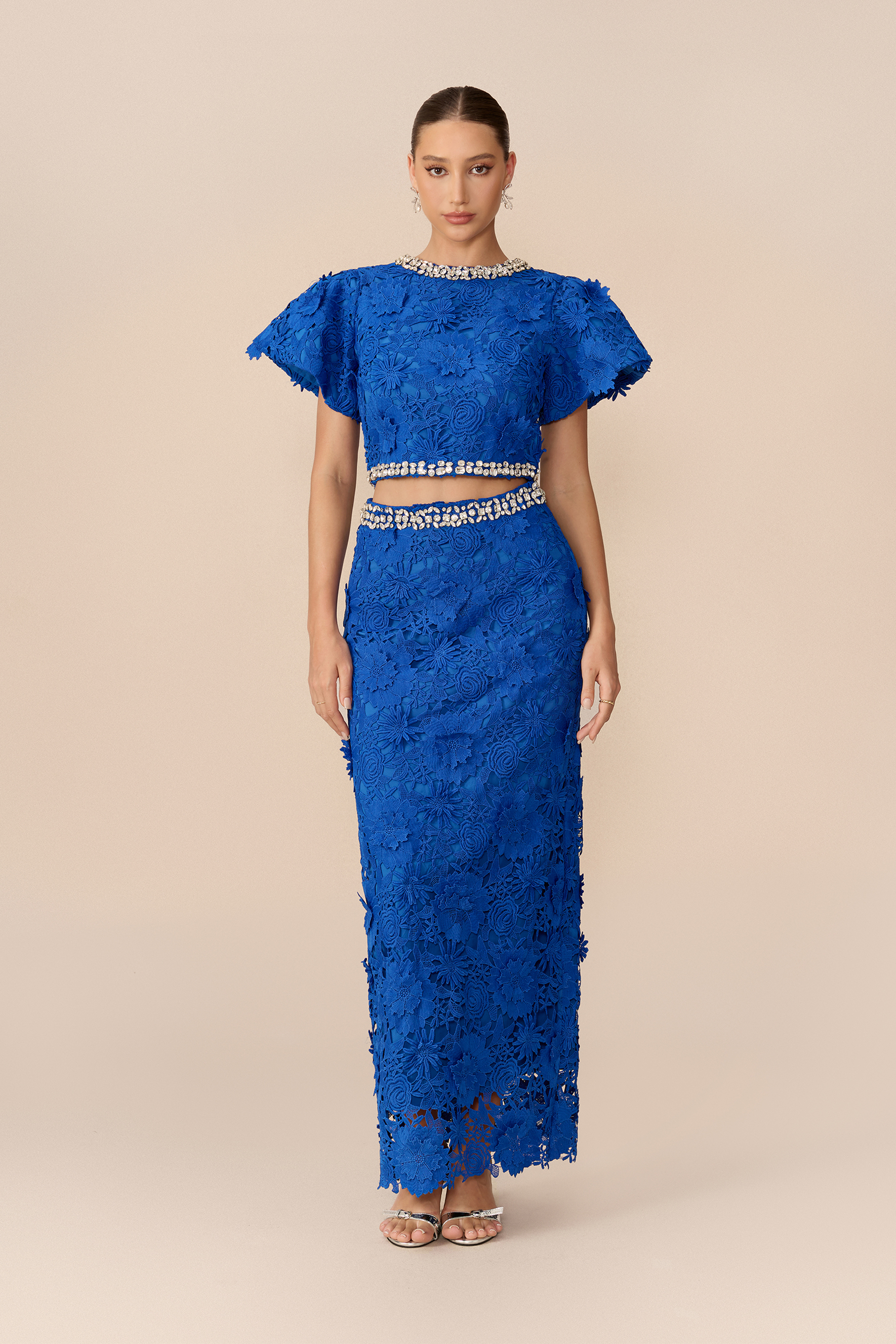 Elegant Gathering Blue Floral Lace Rhinestone Trim Top & Skirt Set