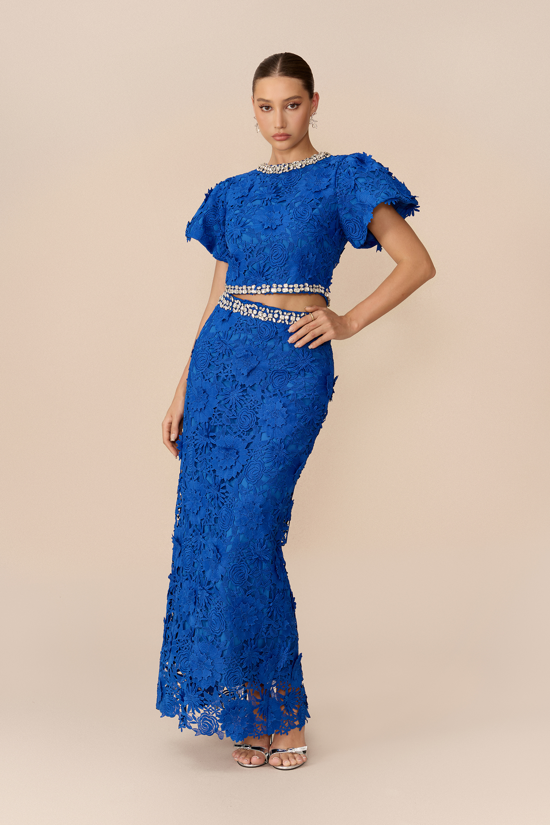Elegant Gathering Blue Floral Lace Rhinestone Trim Top & Skirt Set