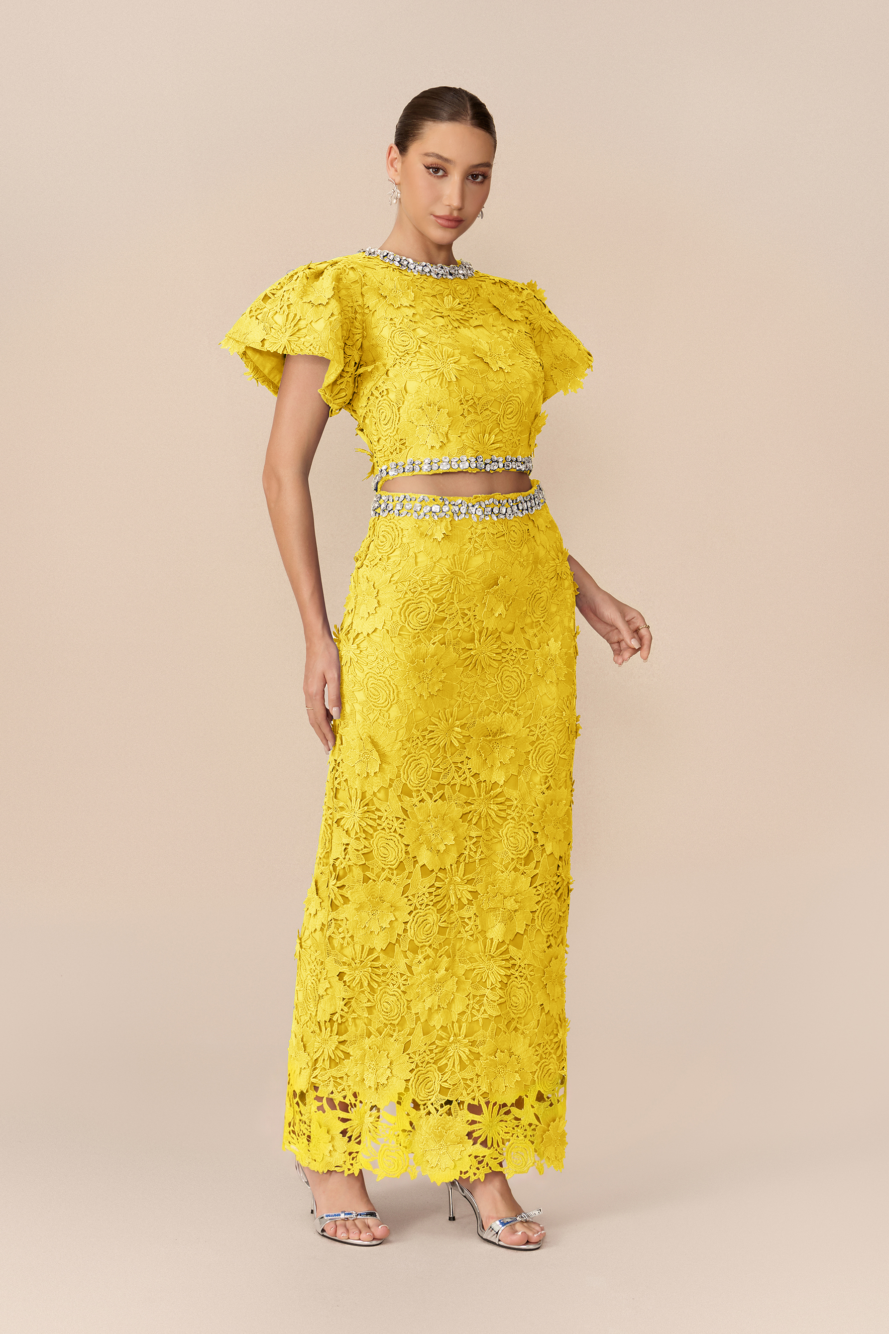 Elegant Gathering Floral Lace Rhinestone Trim Top & Skirt Set