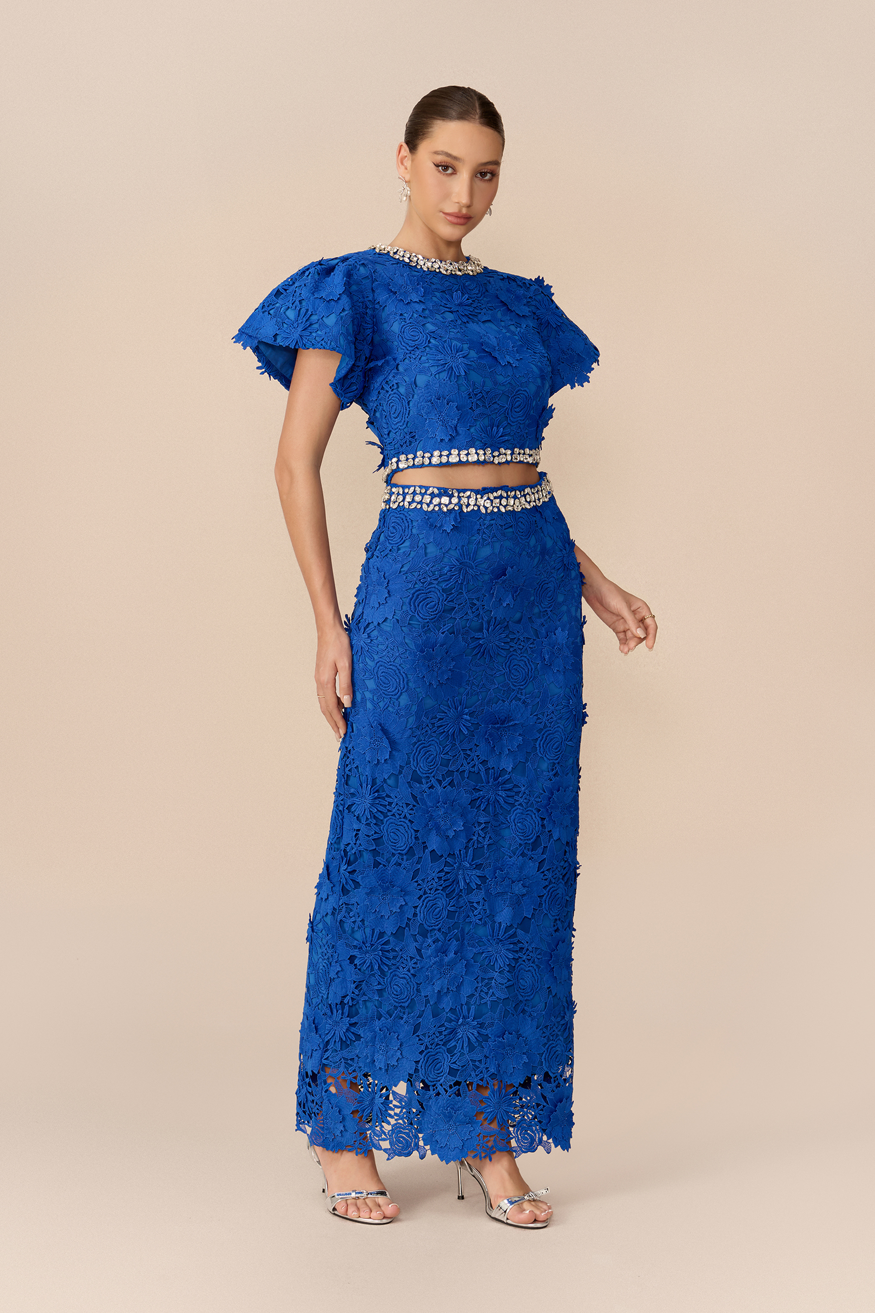 Elegant Gathering Blue Floral Lace Rhinestone Trim Top & Skirt Set