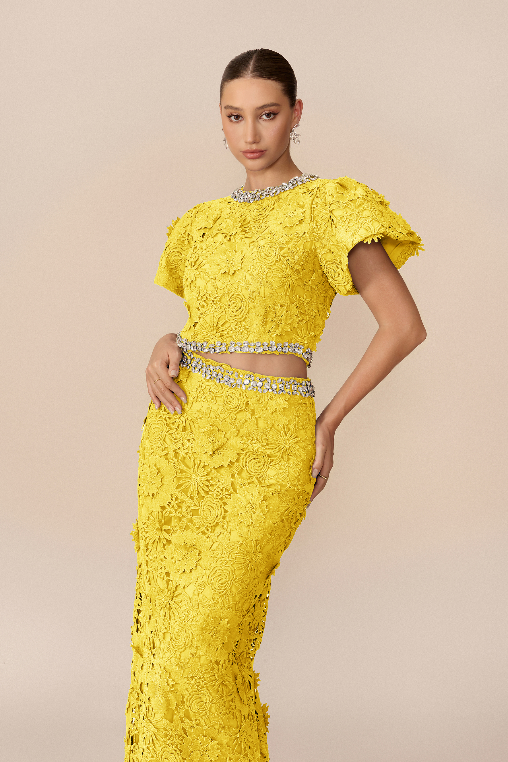 Elegant Gathering Floral Lace Rhinestone Trim Top & Skirt Set
