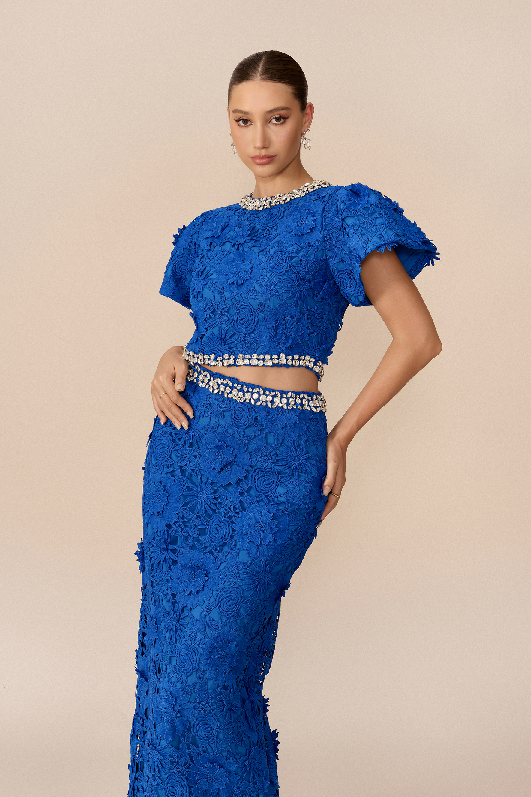 Elegant Gathering Blue Floral Lace Rhinestone Trim Top & Skirt Set