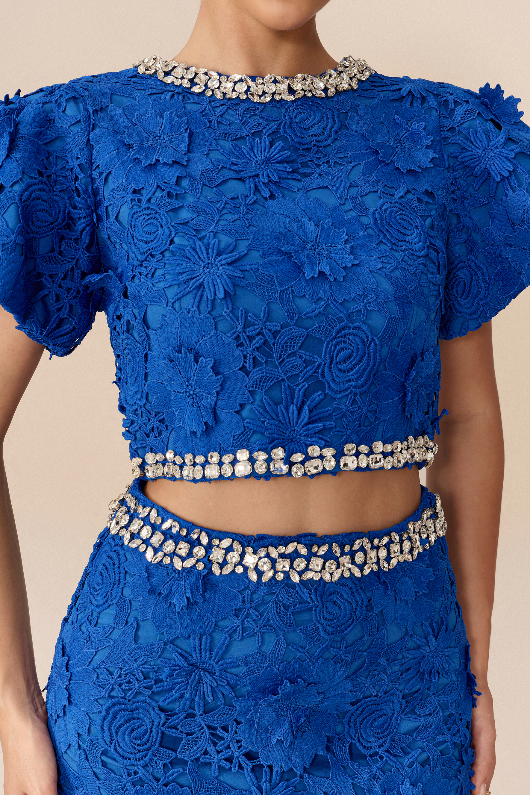 Elegant Gathering Blue Floral Lace Rhinestone Trim Top & Skirt Set