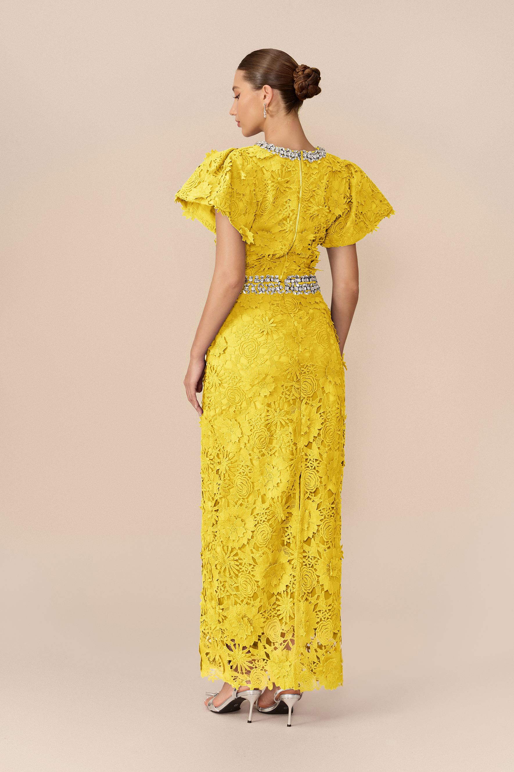 Elegant Gathering Floral Lace Rhinestone Trim Top & Skirt Set