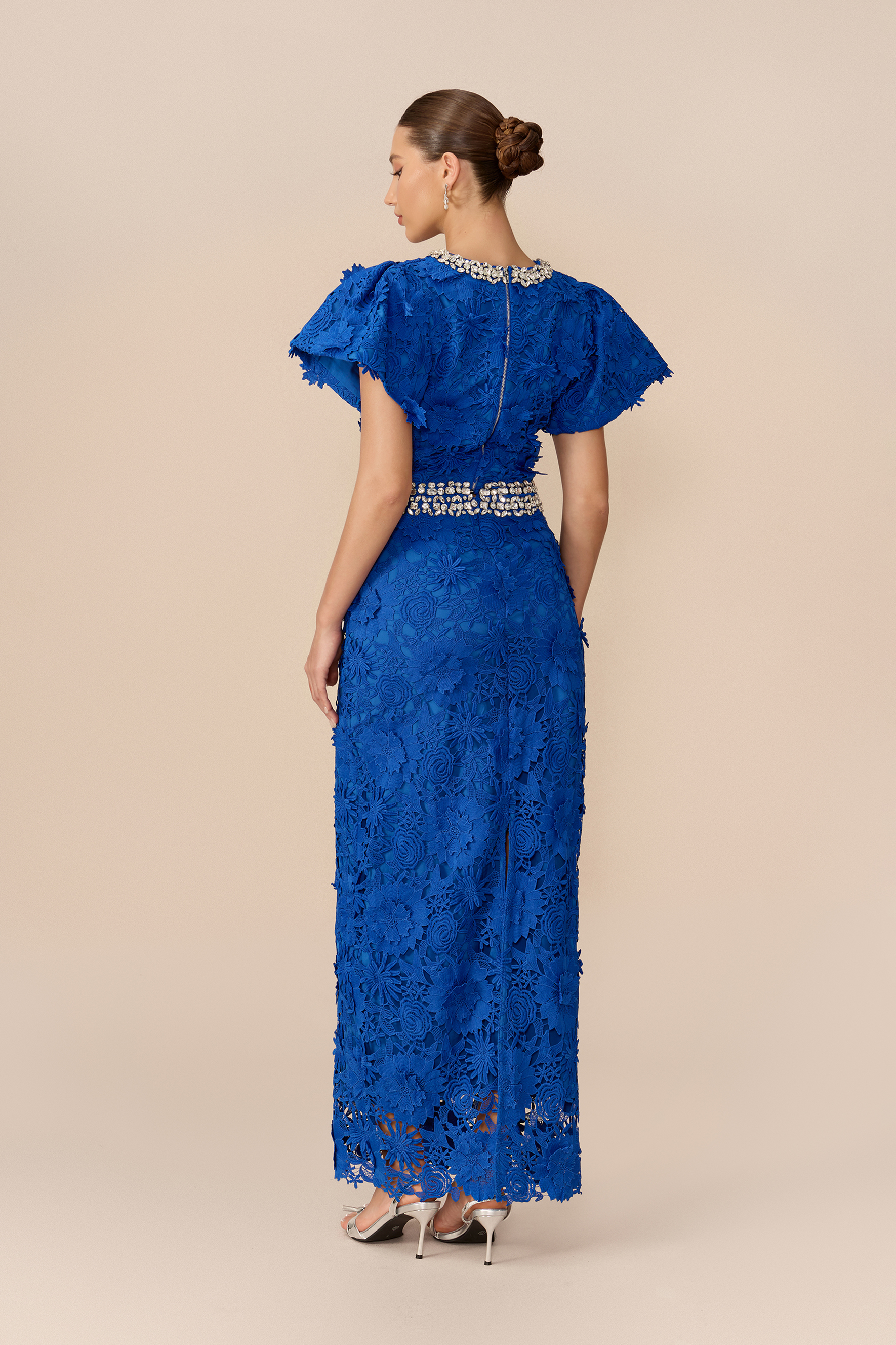 Elegant Gathering Blue Floral Lace Rhinestone Trim Top & Skirt Set