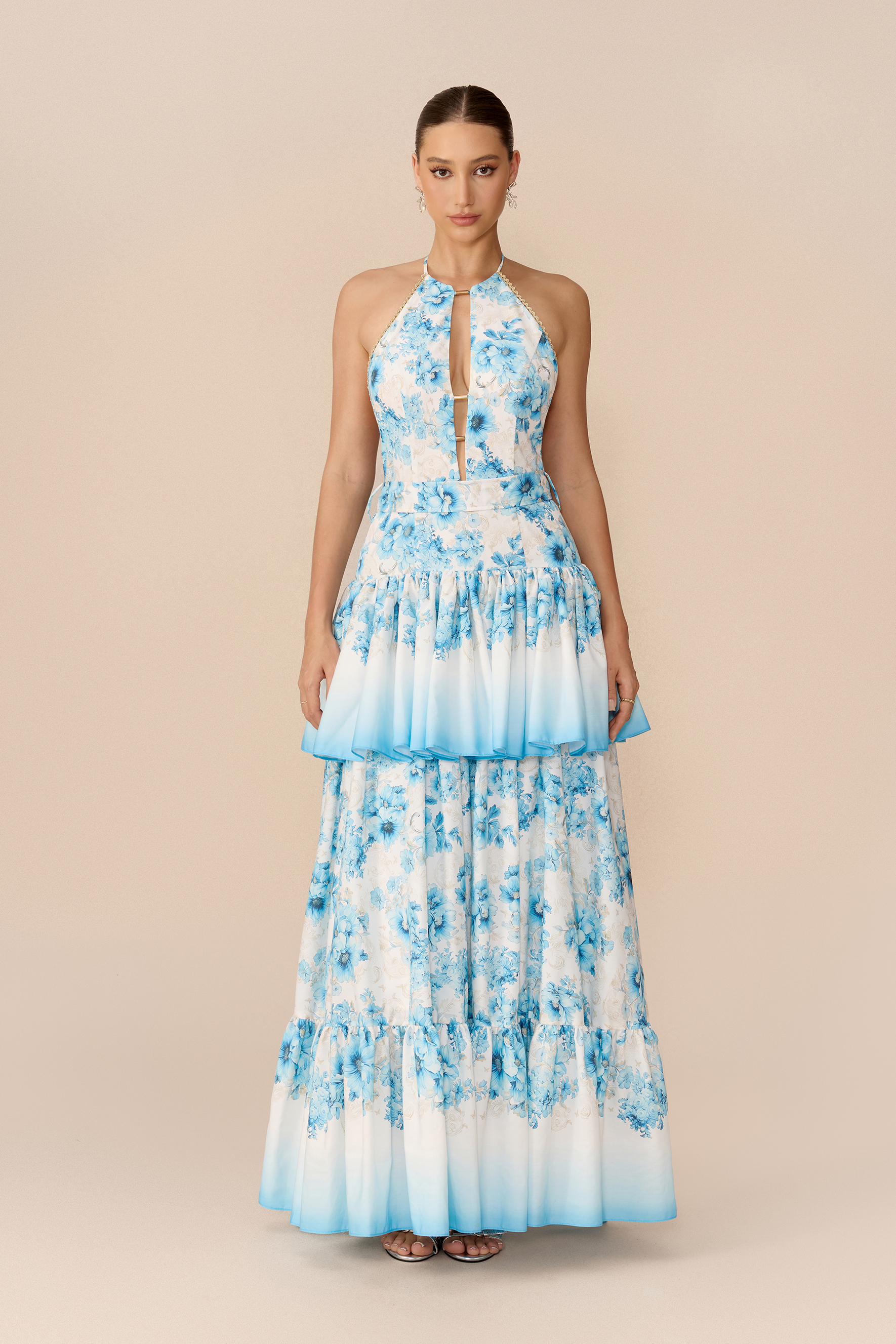 Softest Promise Blue Floral Print Cutout Ruffle Maxi Dress