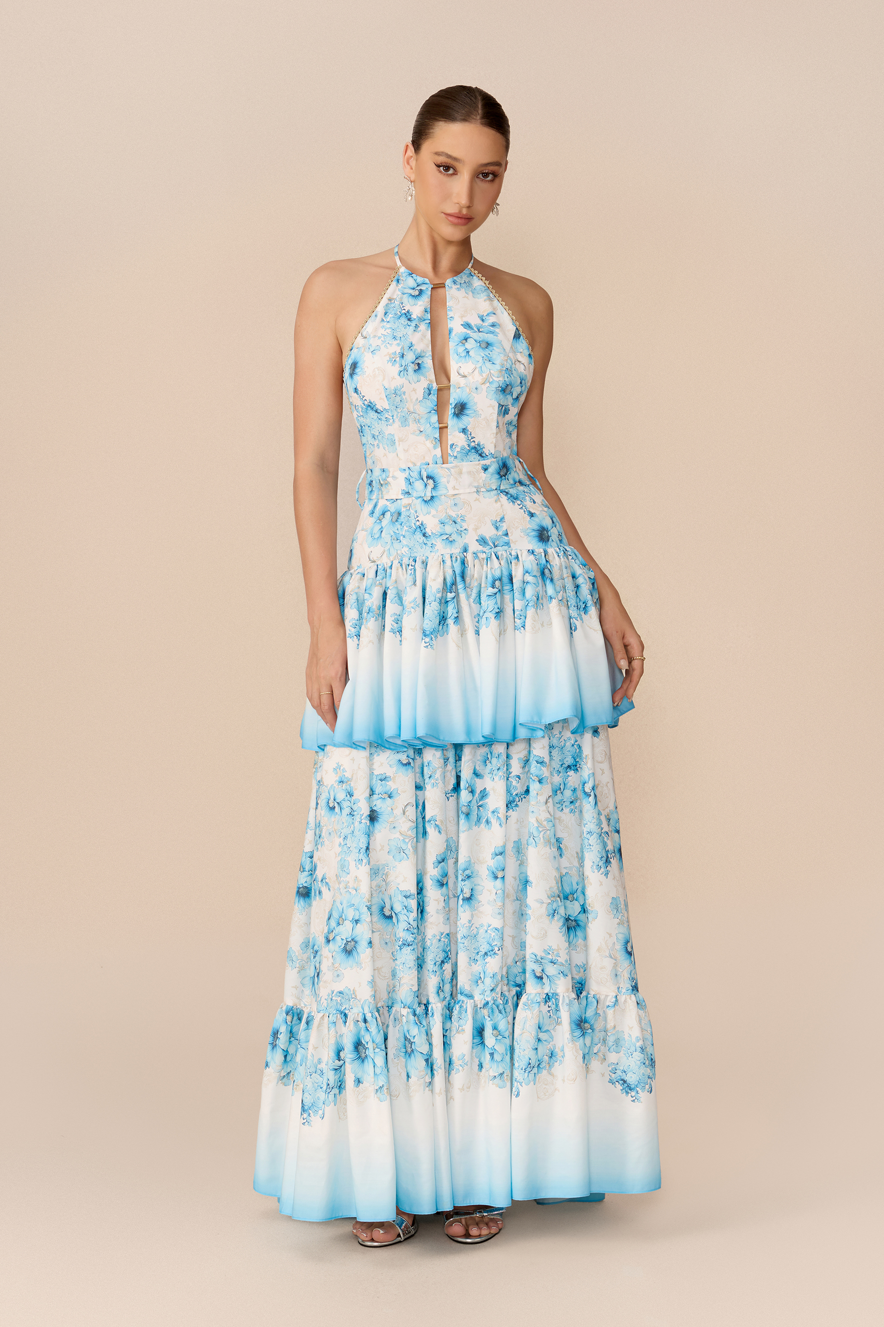Softest Promise Blue Floral Print Cutout Ruffle Maxi Dress