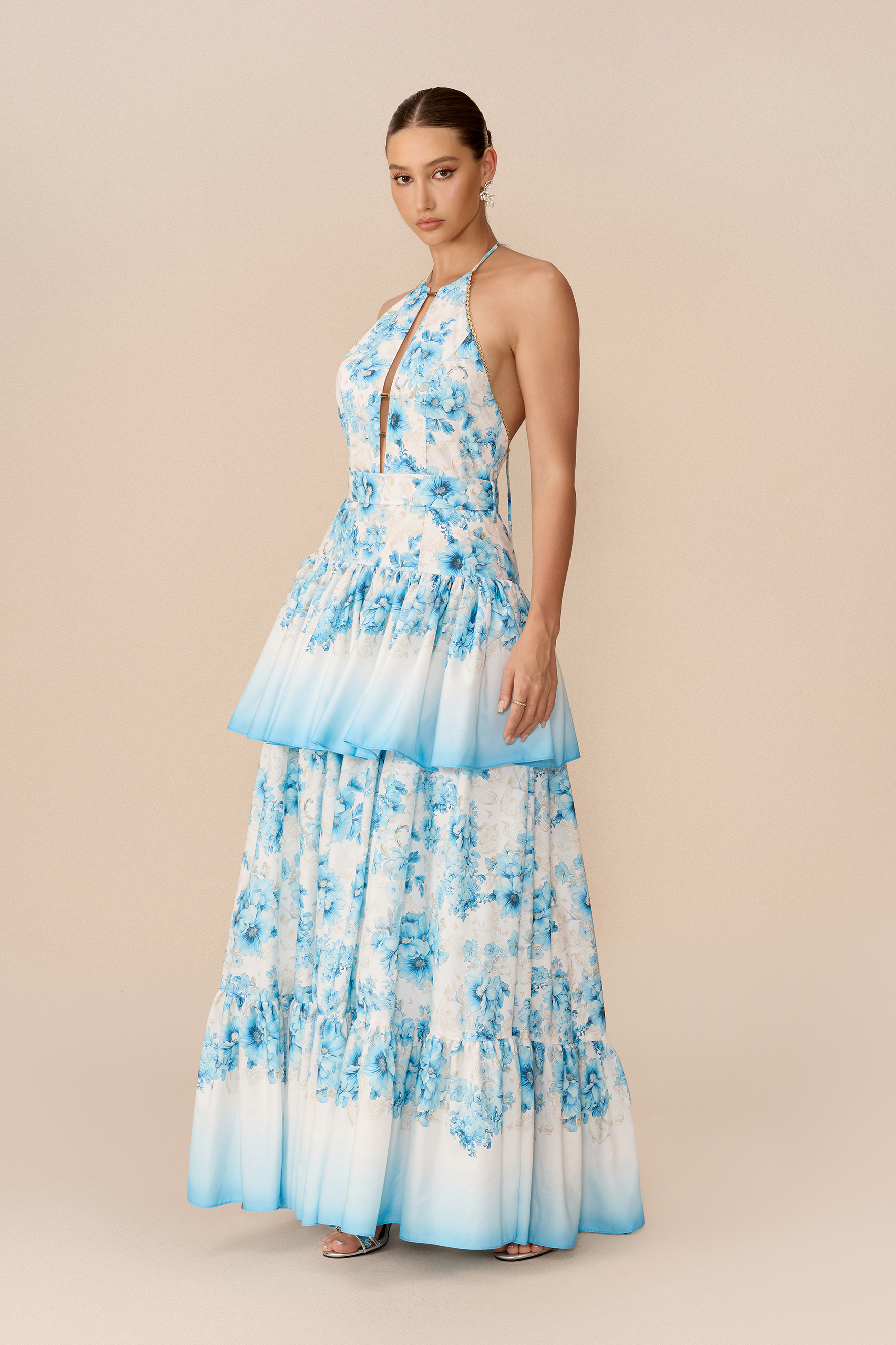 Softest Promise Blue Floral Print Cutout Ruffle Maxi Dress
