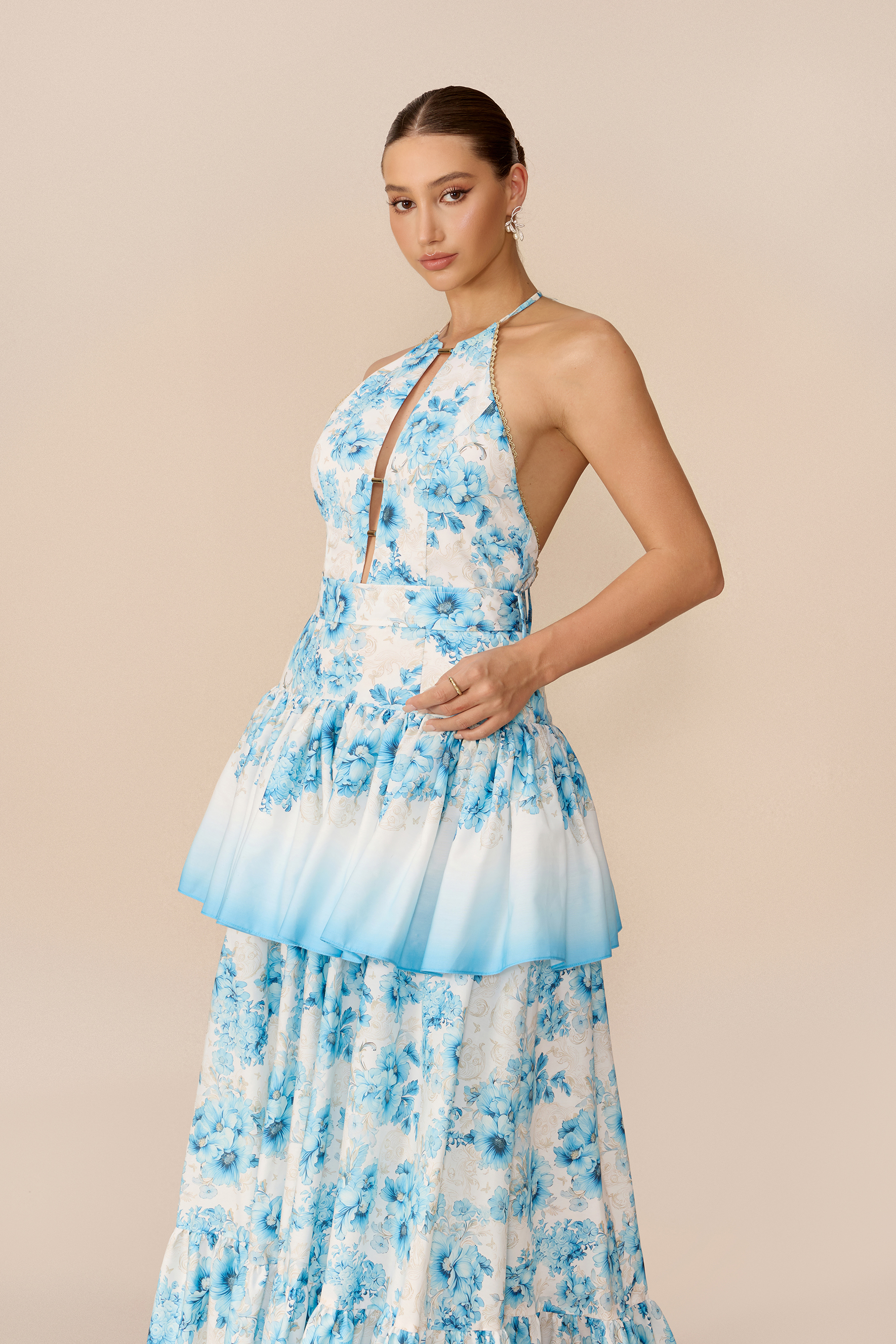 Softest Promise Blue Floral Print Cutout Ruffle Maxi Dress