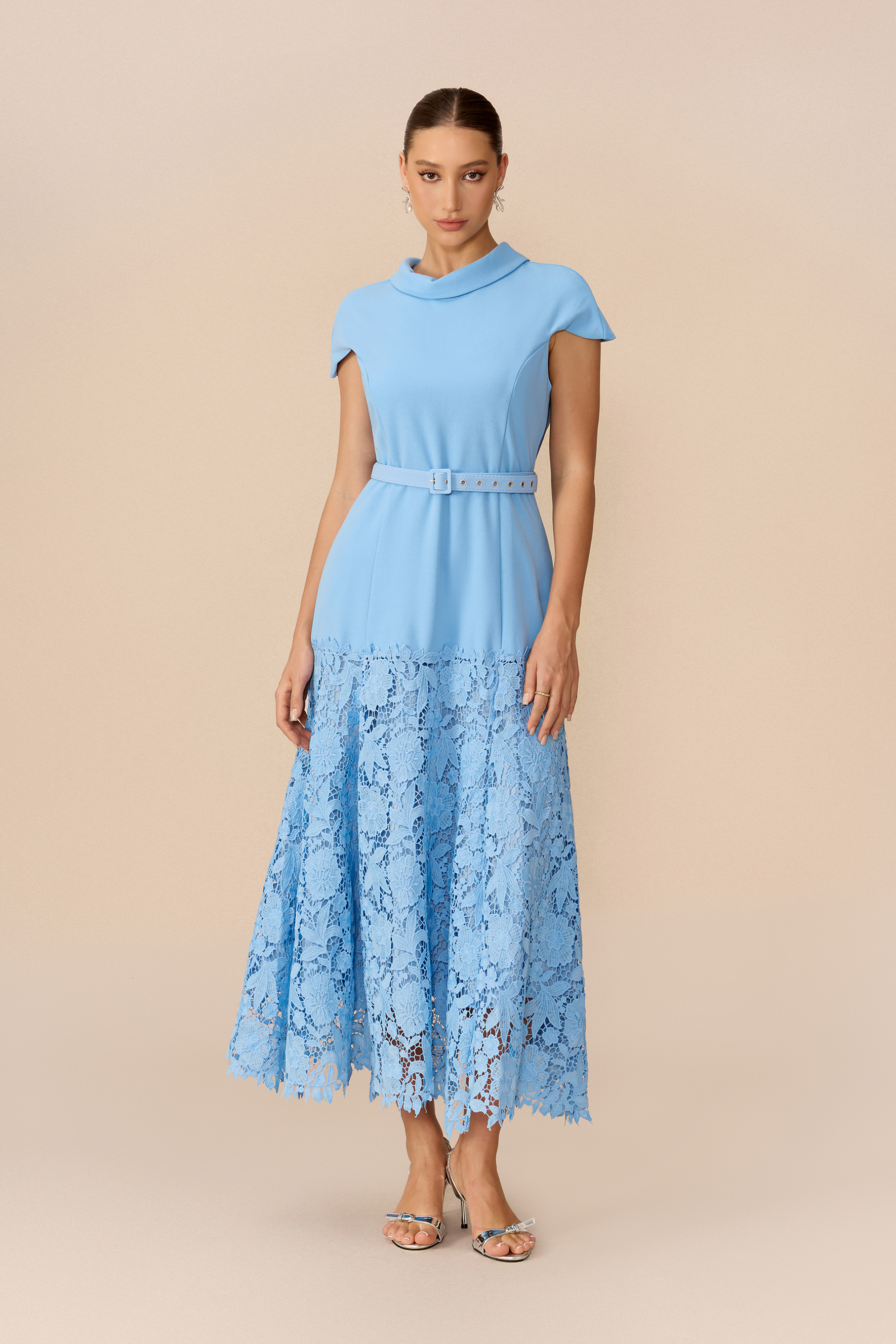 Polished Charm Blue Cap Sleeve Lace Hem Maxi Dress