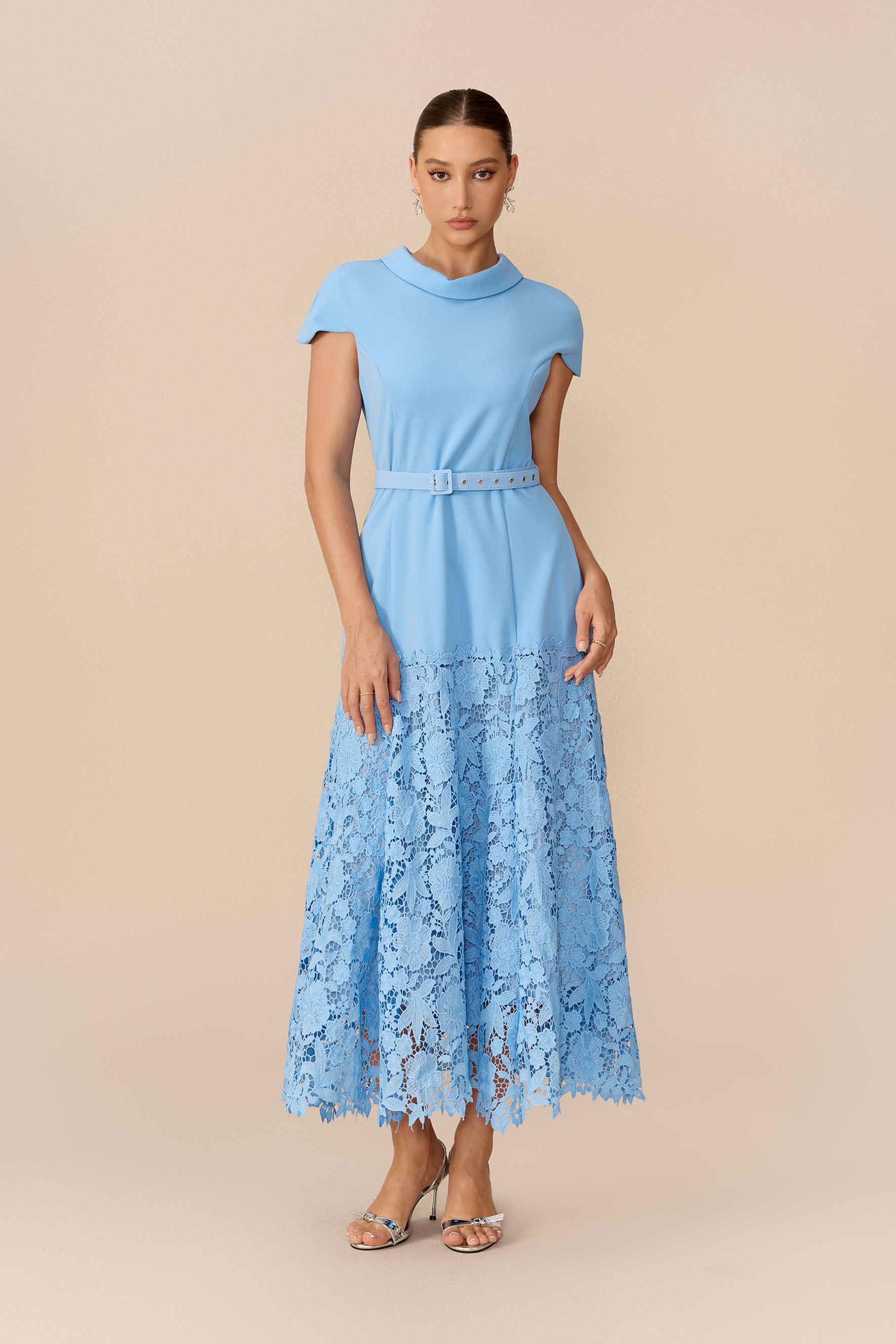 Polished Charm Blue Cap Sleeve Lace Hem Maxi Dress