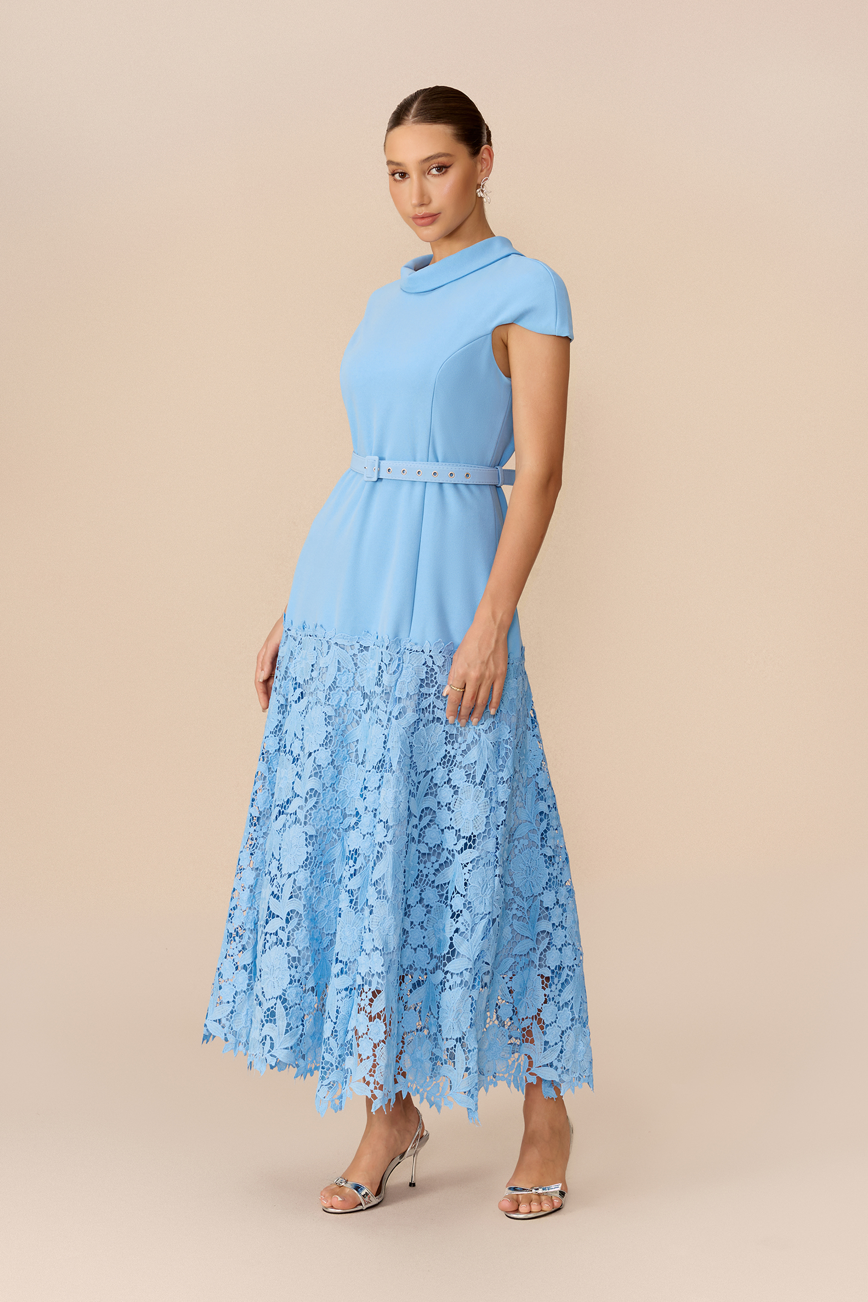 Polished Charm Blue Cap Sleeve Lace Hem Maxi Dress