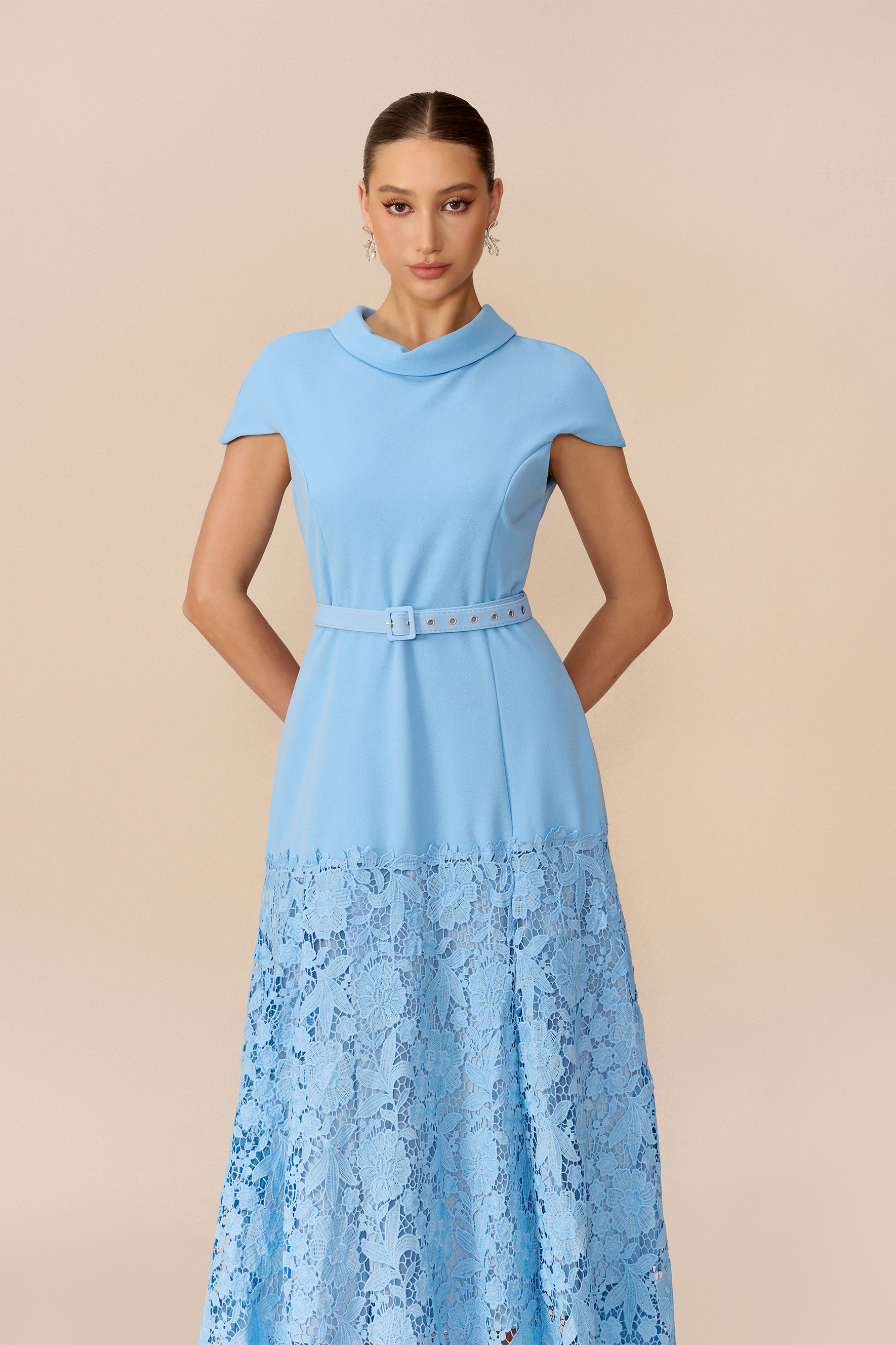 Polished Charm Blue Cap Sleeve Lace Hem Maxi Dress