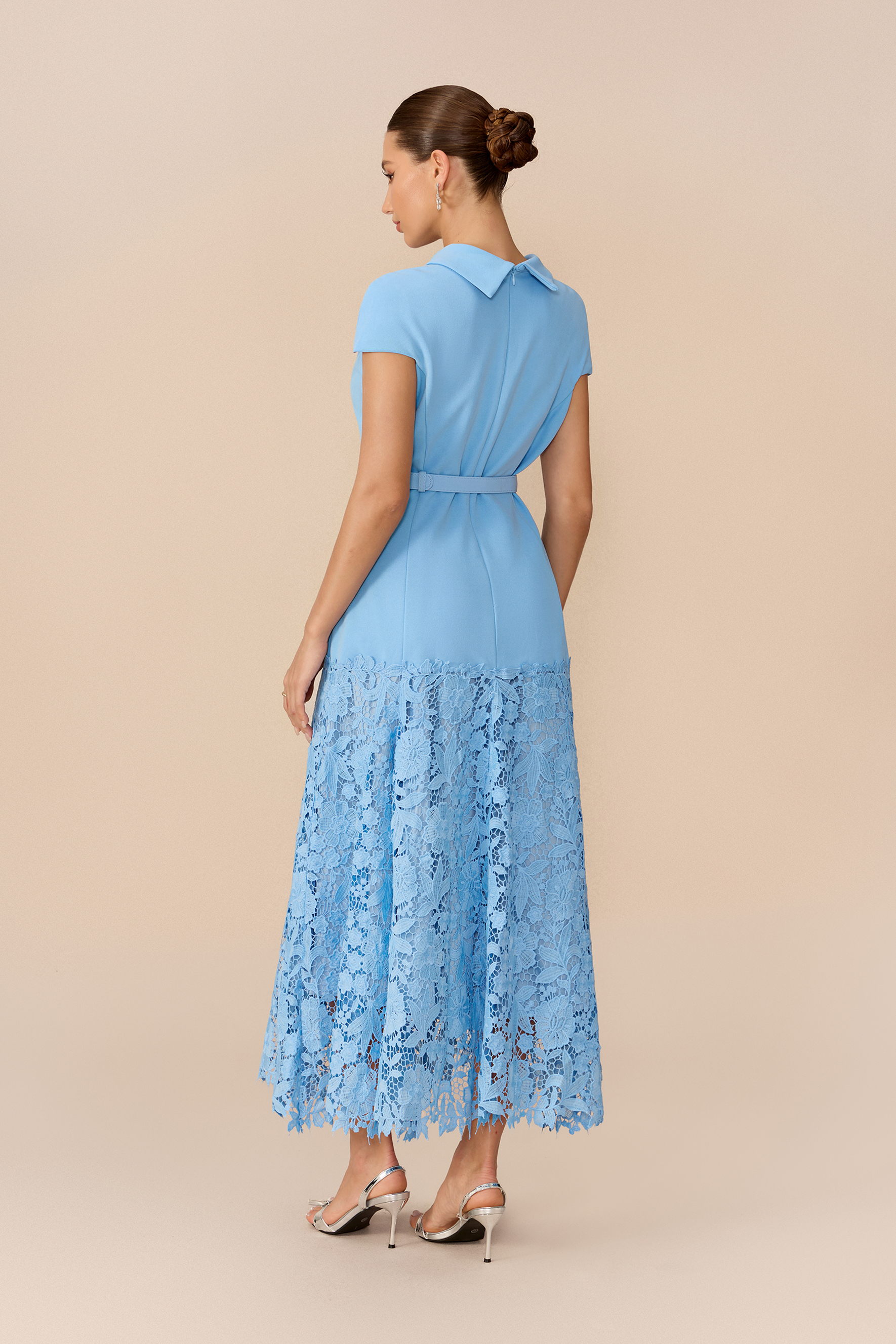 Polished Charm Blue Cap Sleeve Lace Hem Maxi Dress