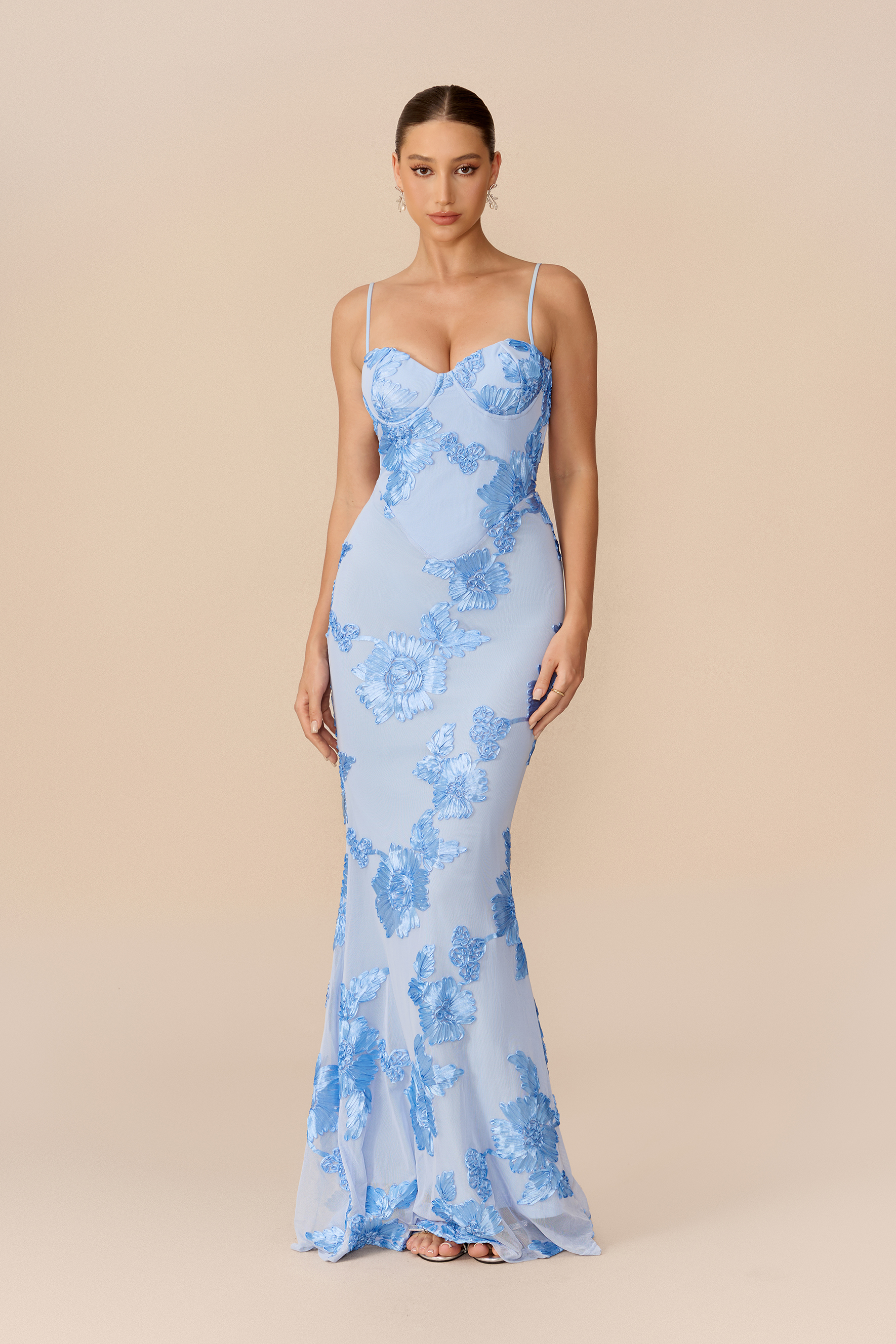 Date Night Blue Floral Embroidery Mermaid Maxi Dress