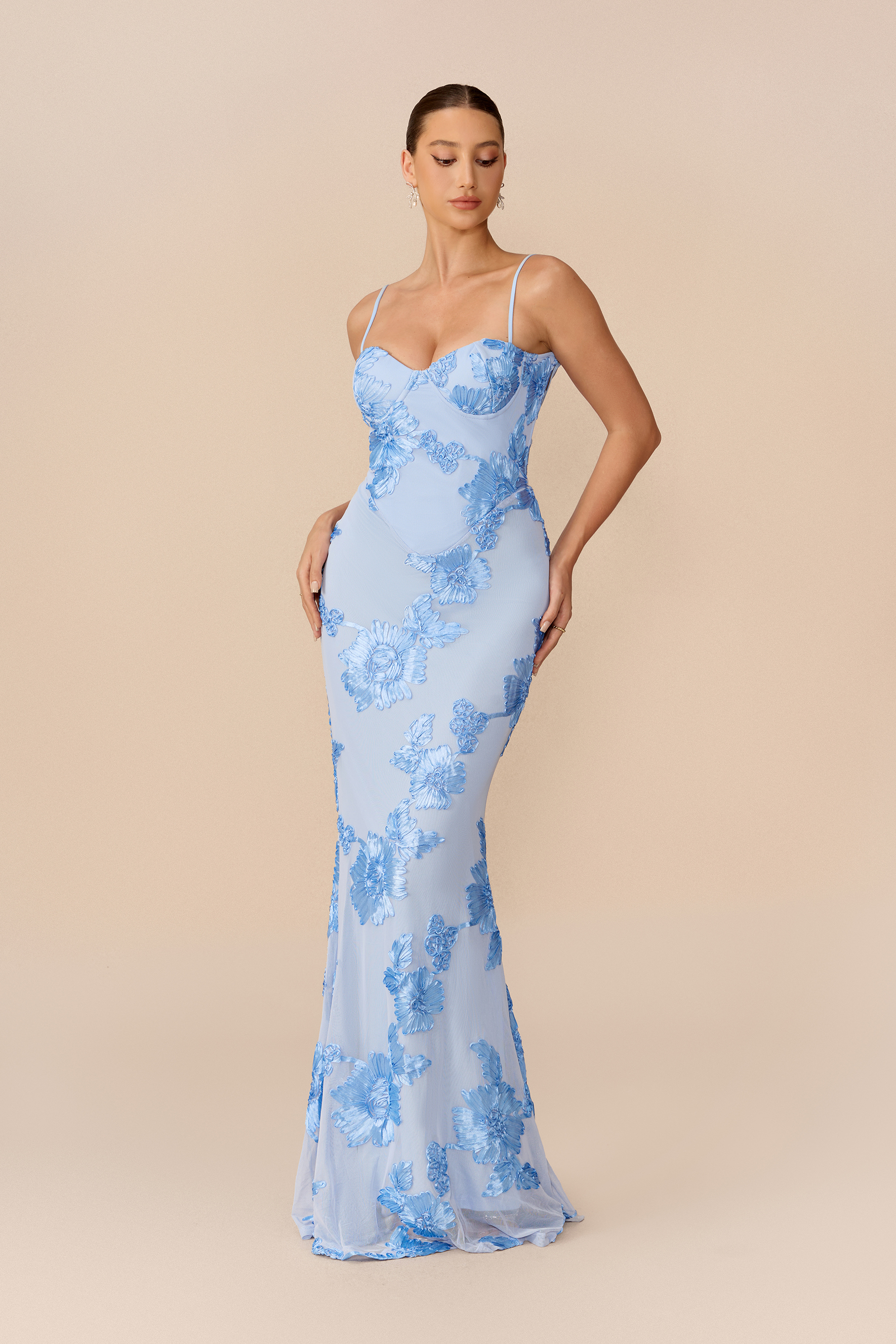 Date Night Blue Floral Embroidery Mermaid Maxi Dress