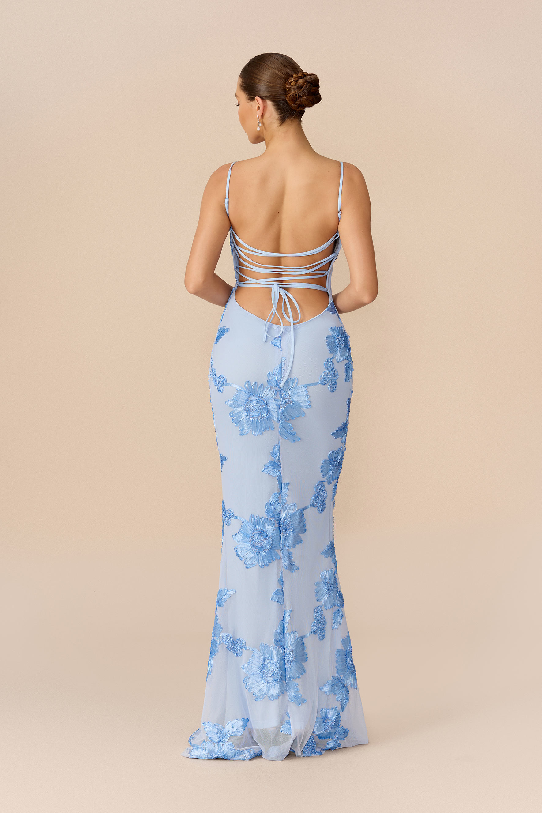Date Night Blue Floral Embroidery Mermaid Maxi Dress