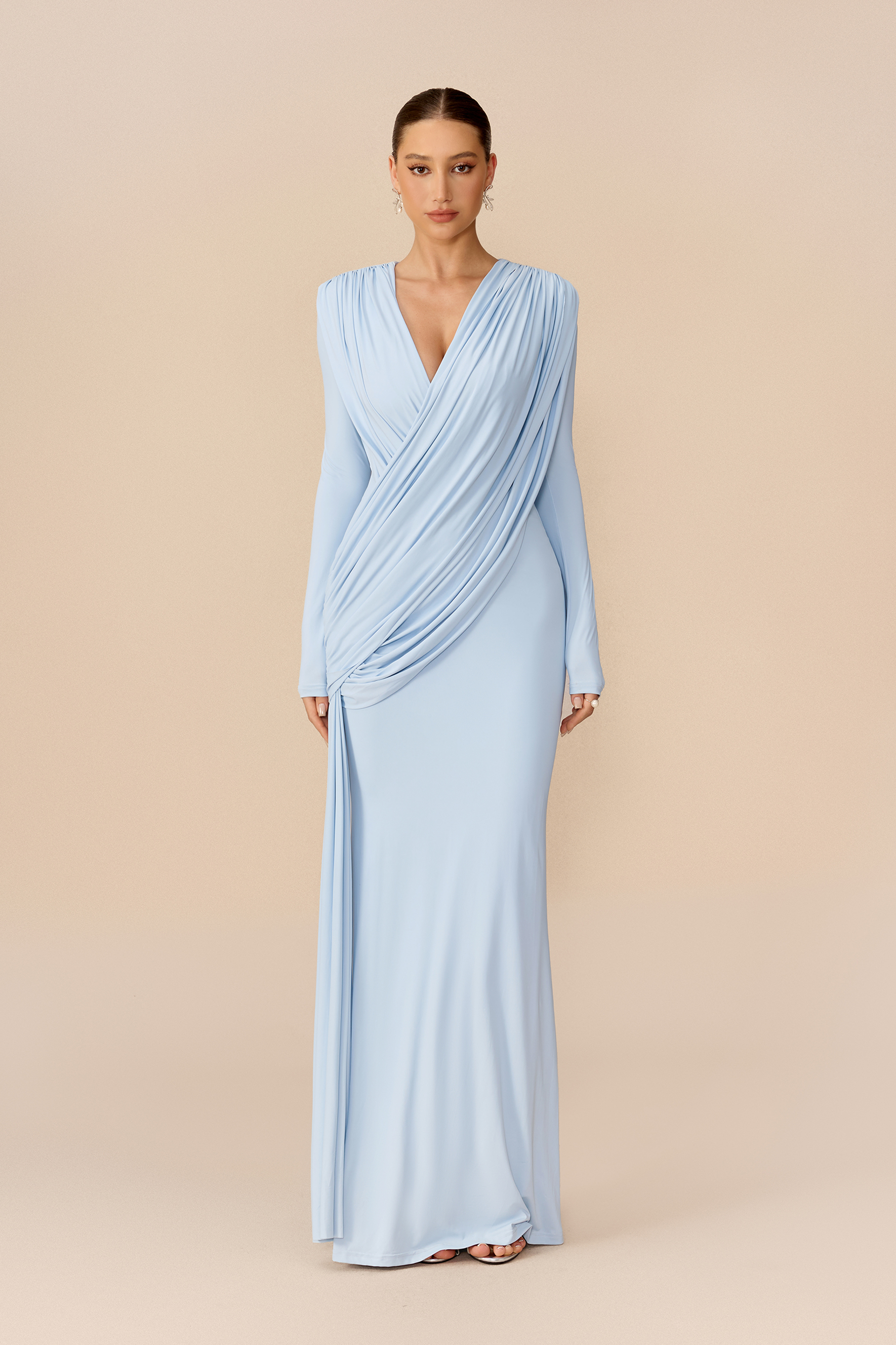 Dangerous Romance Blue Cowl Neck Draped Maxi Dress