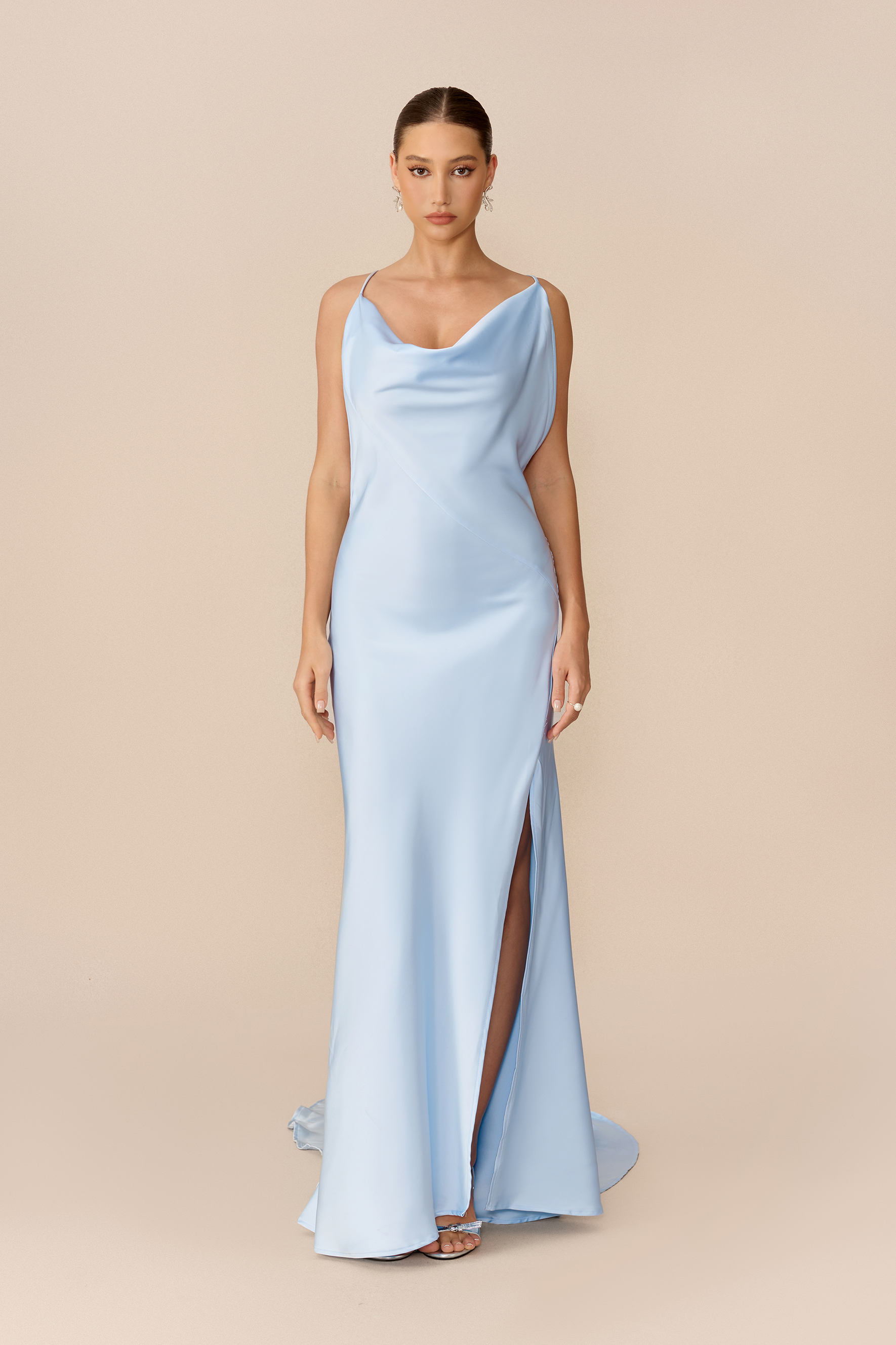 Simply Stunning Blue Cowl Neck High Slit Satin Maxi Dress
