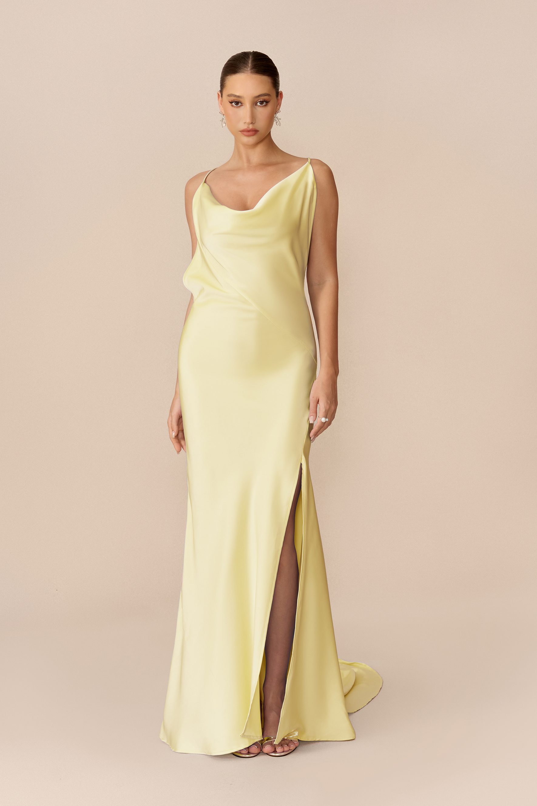 Simply Stunning Light Yellow Cowl Neck High Slit Satin Maxi Dress