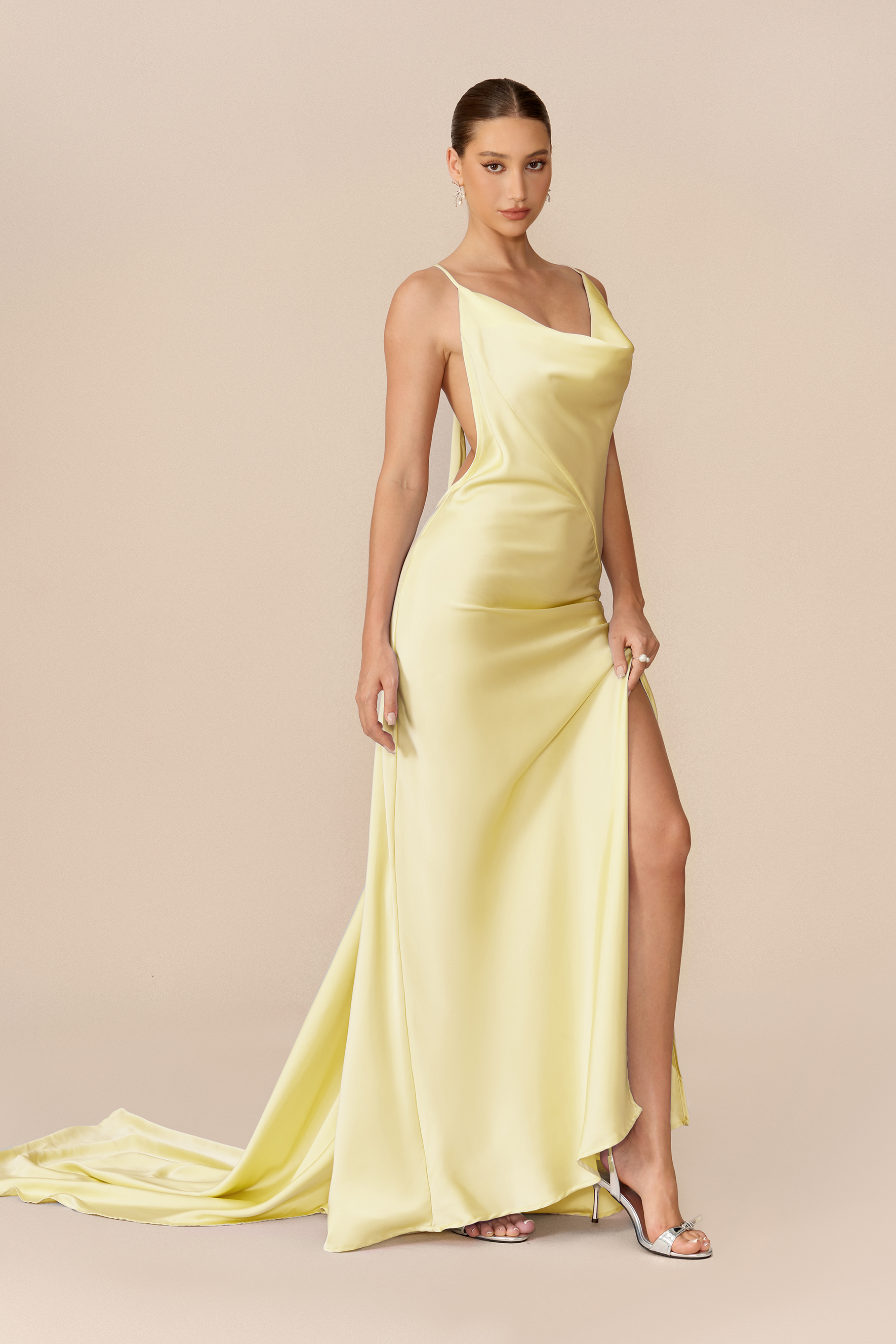 Simply Stunning Light Yellow Cowl Neck High Slit Satin Maxi Dress