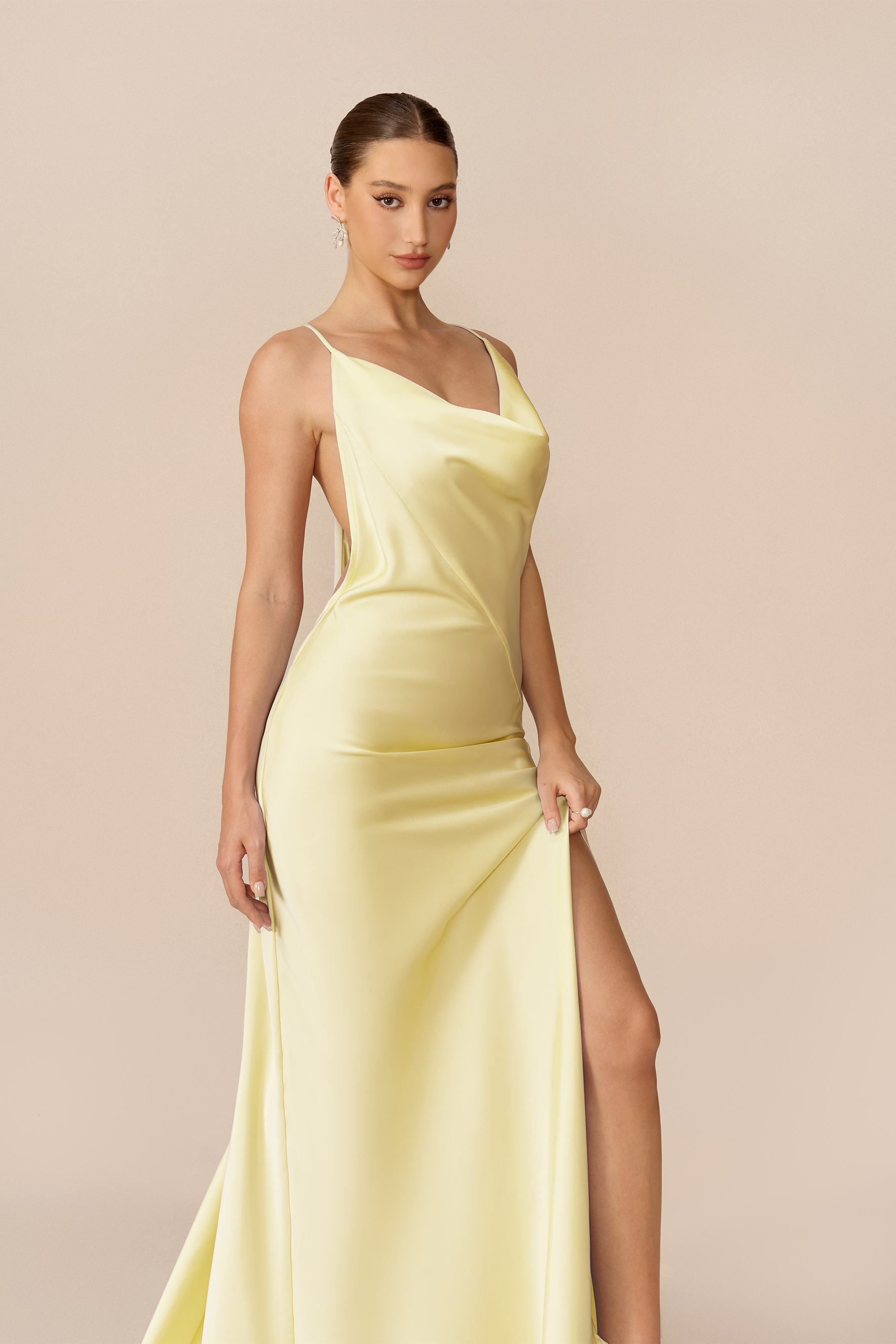 Simply Stunning Light Yellow Cowl Neck High Slit Satin Maxi Dress