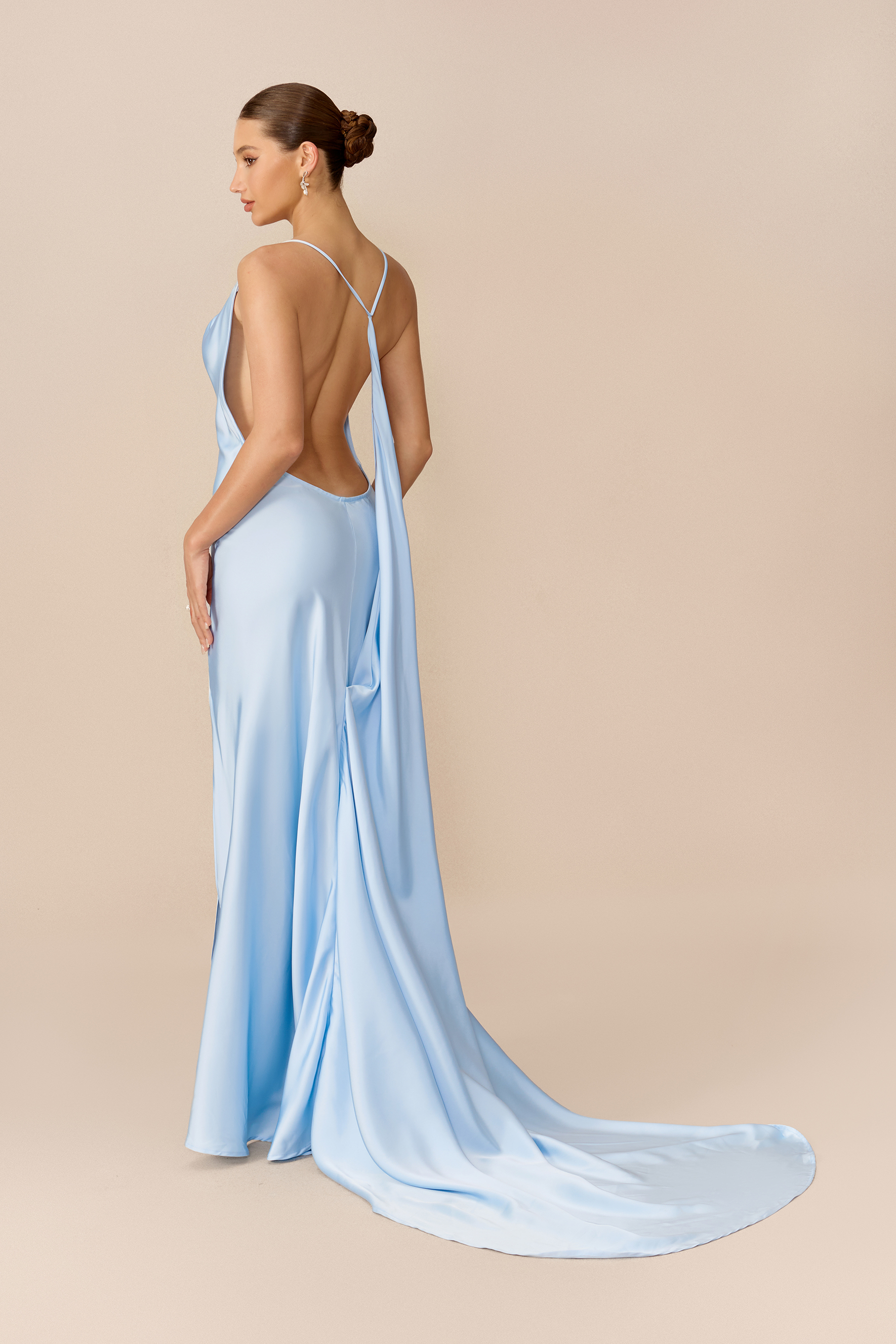 Simply Stunning Blue Cowl Neck High Slit Satin Maxi Dress
