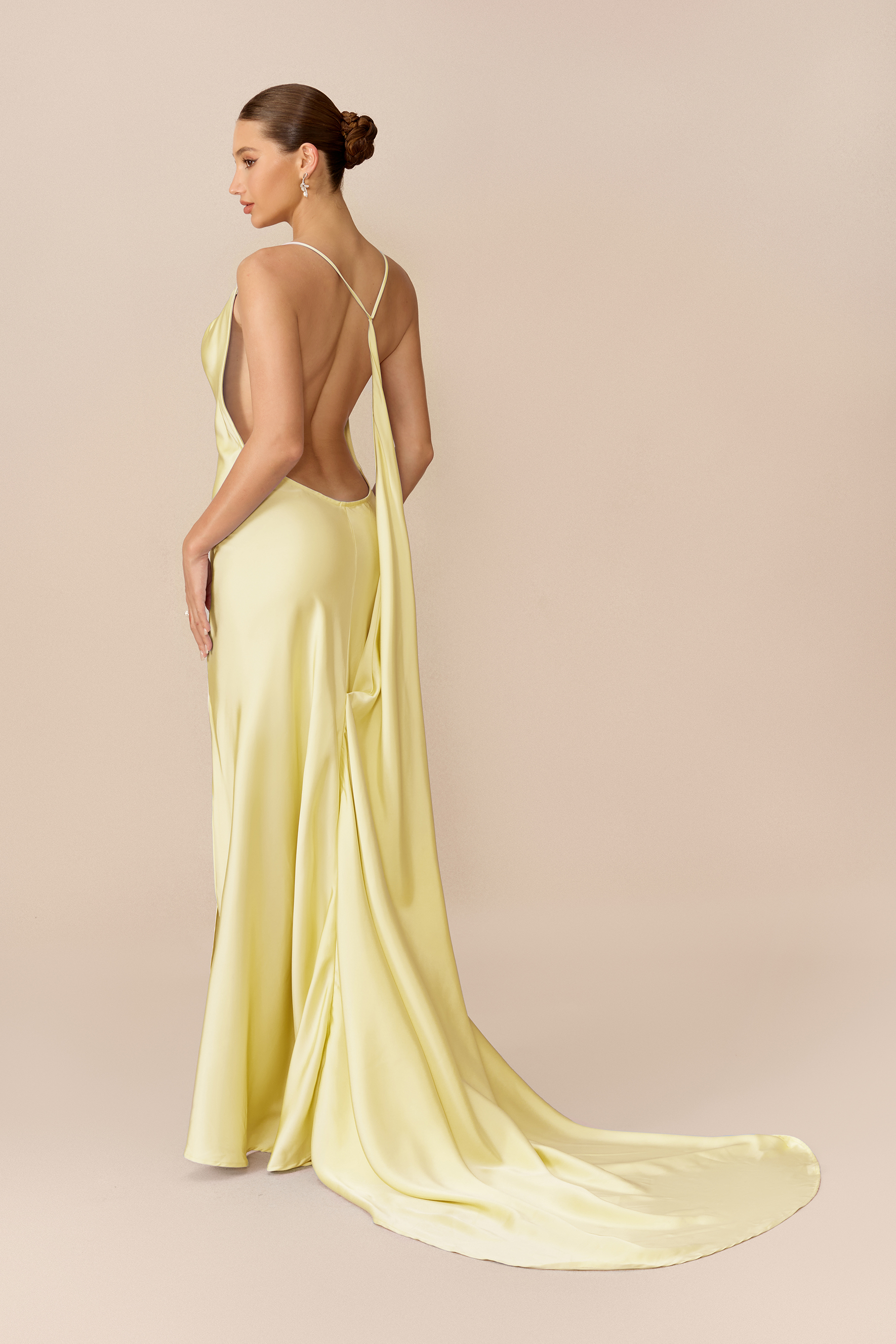 Simply Stunning Light Yellow Cowl Neck High Slit Satin Maxi Dress