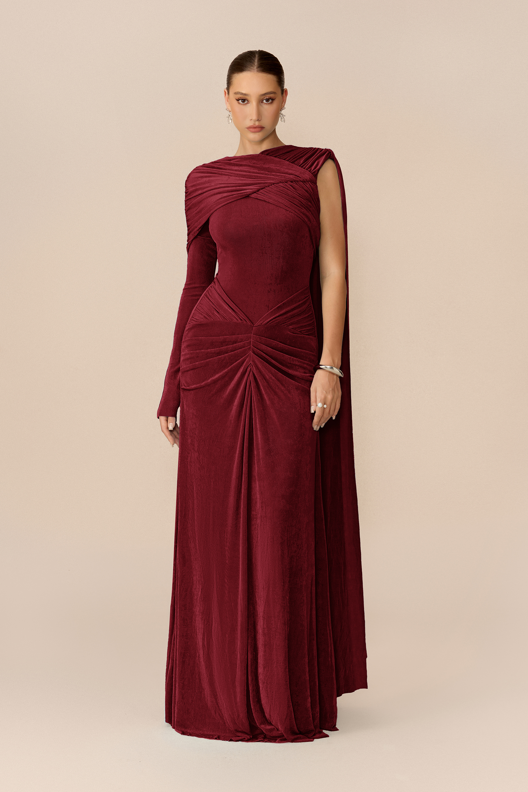 Stand Apart Burgundy One Sleeve Draped Cape Maxi Dress