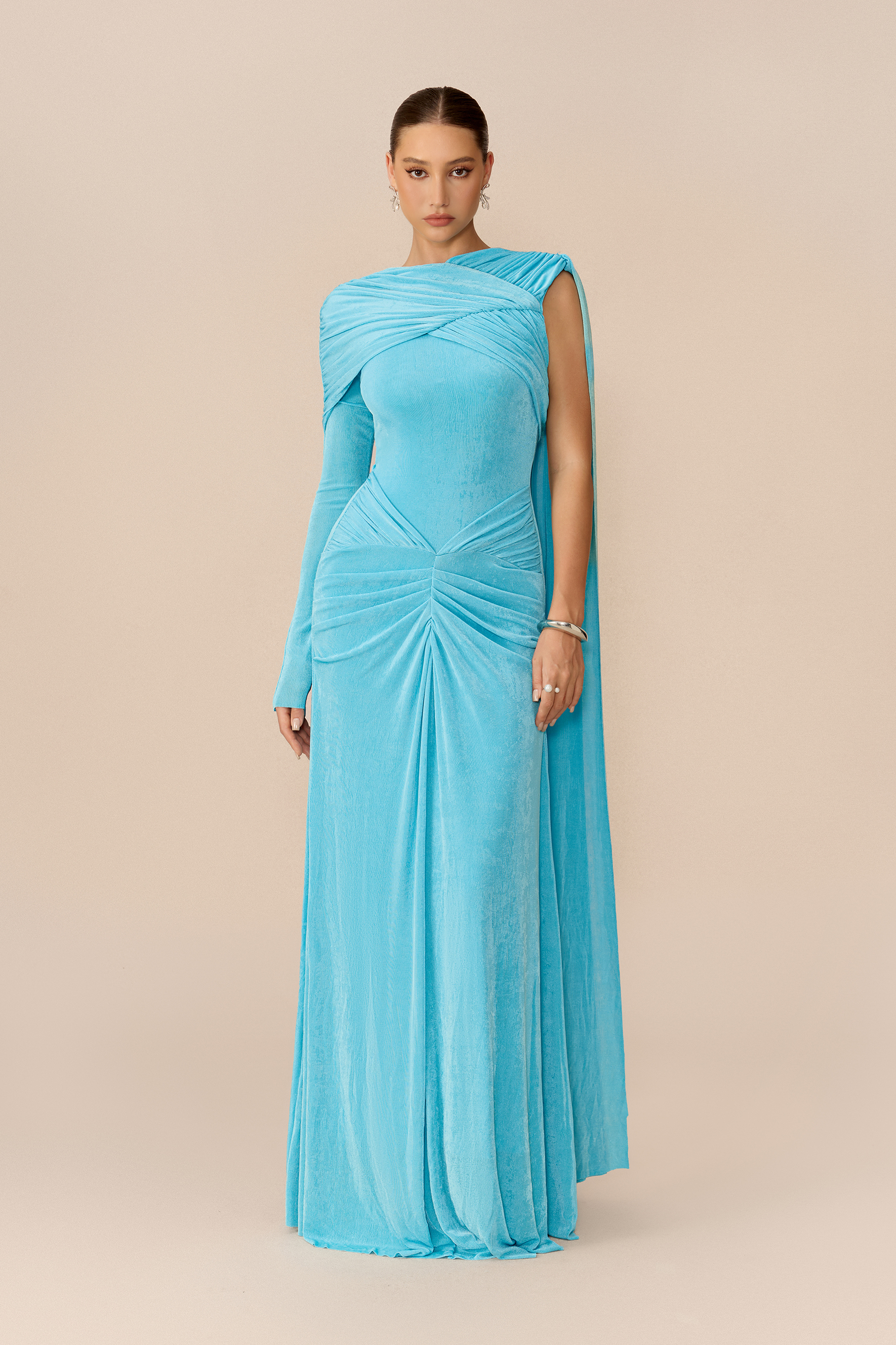 Stand Apart Blue One Sleeve Draped Cape Maxi Dress