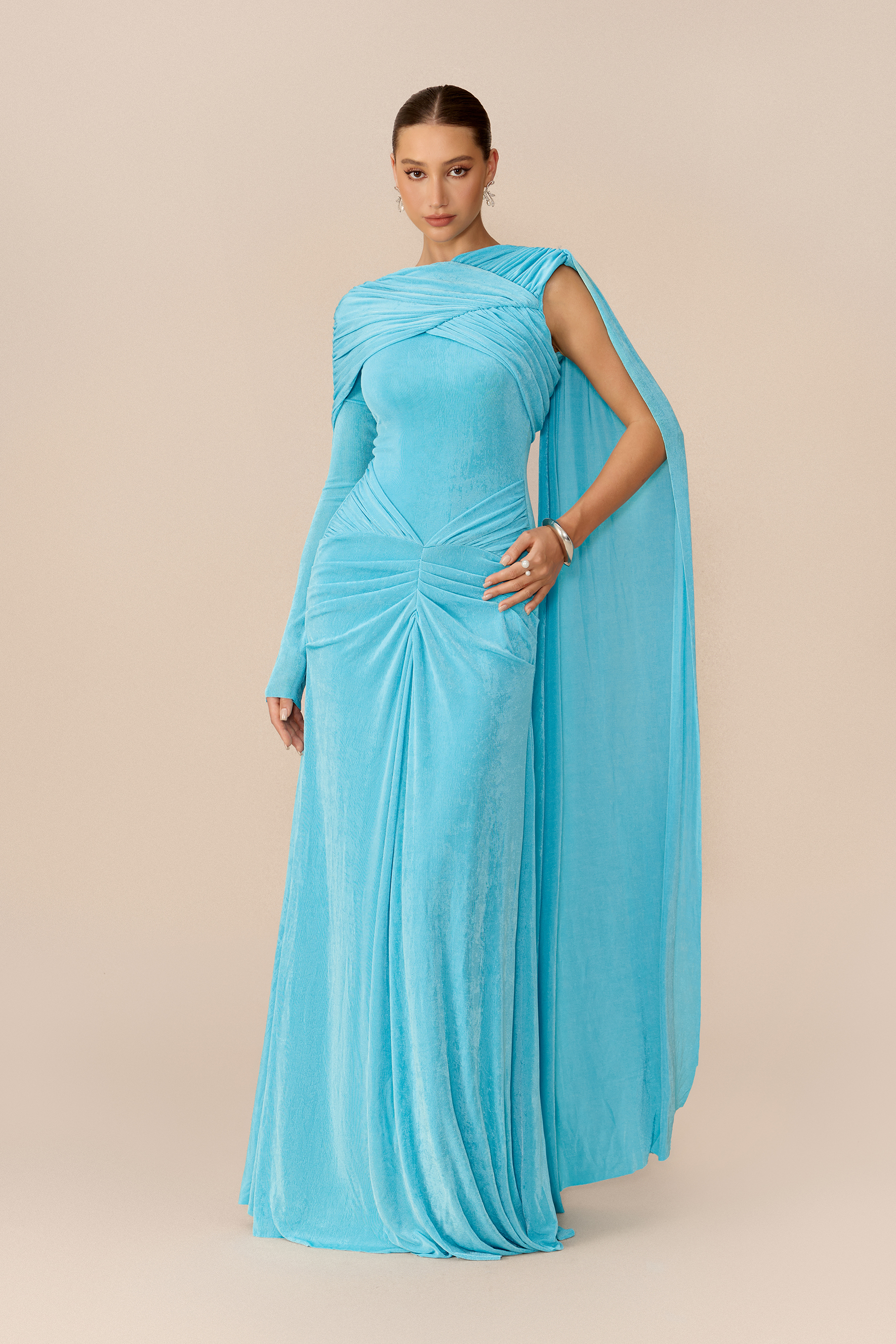 Stand Apart Blue One Sleeve Draped Cape Maxi Dress