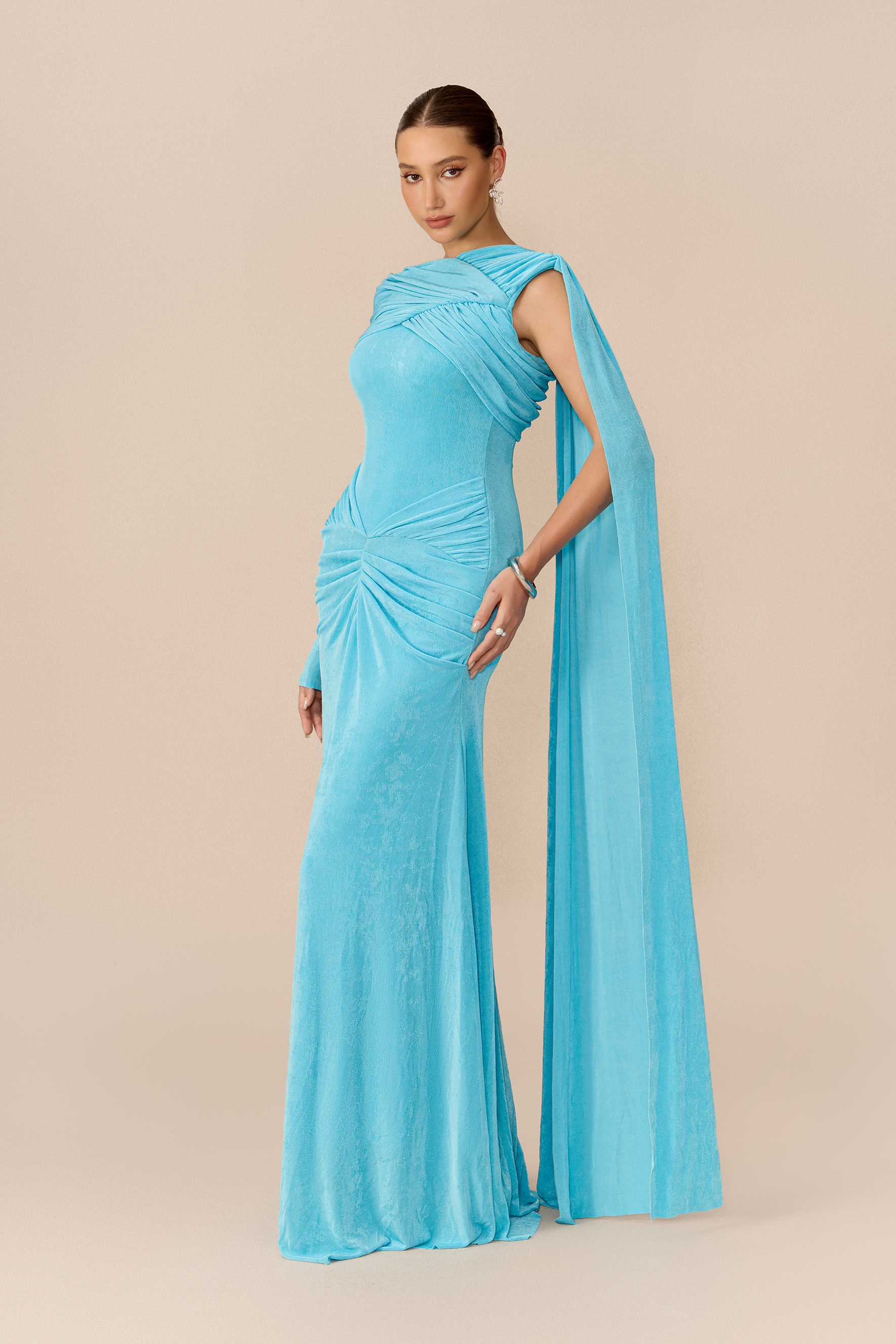 Stand Apart Blue One Sleeve Draped Cape Maxi Dress