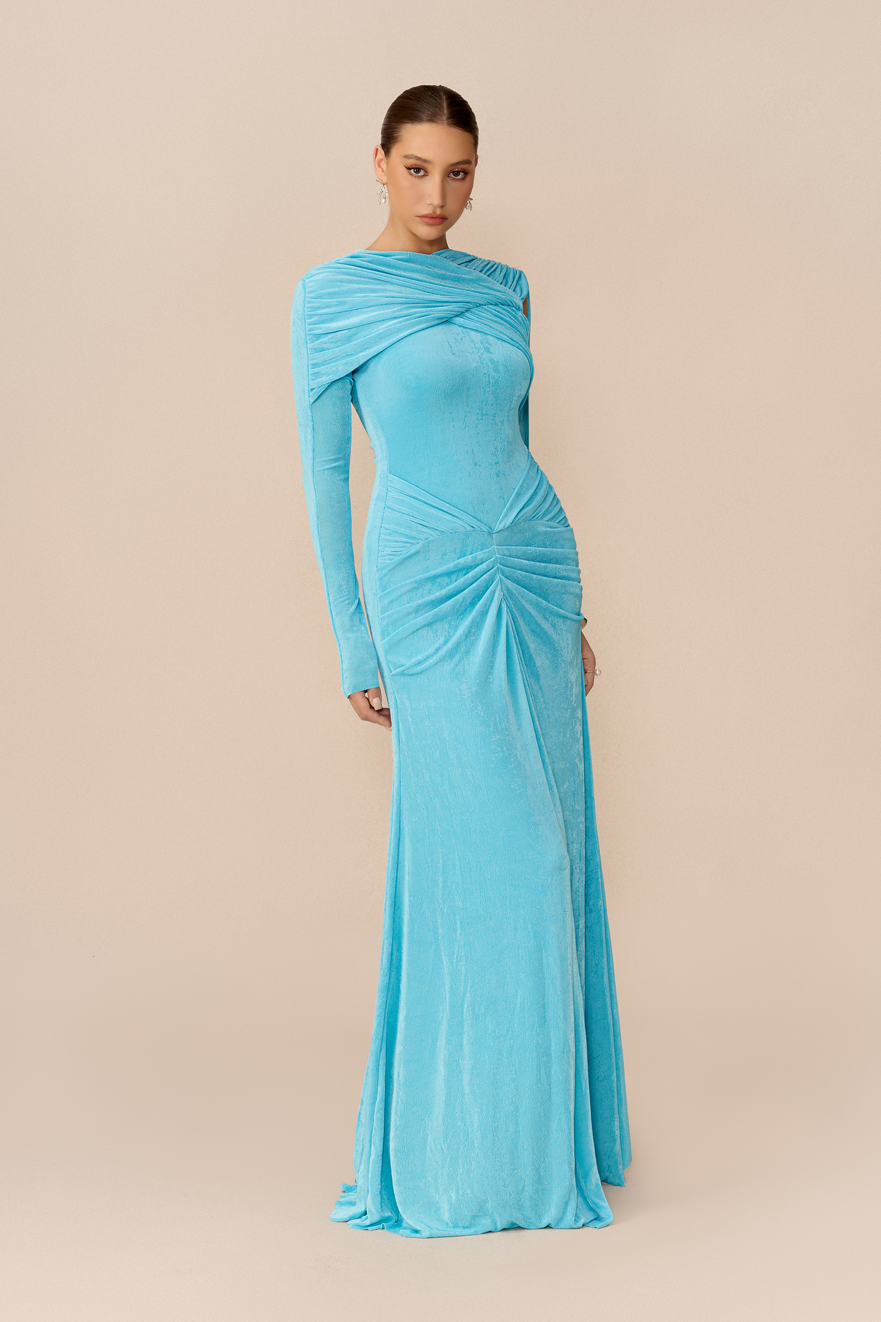 Stand Apart Blue One Sleeve Draped Cape Maxi Dress