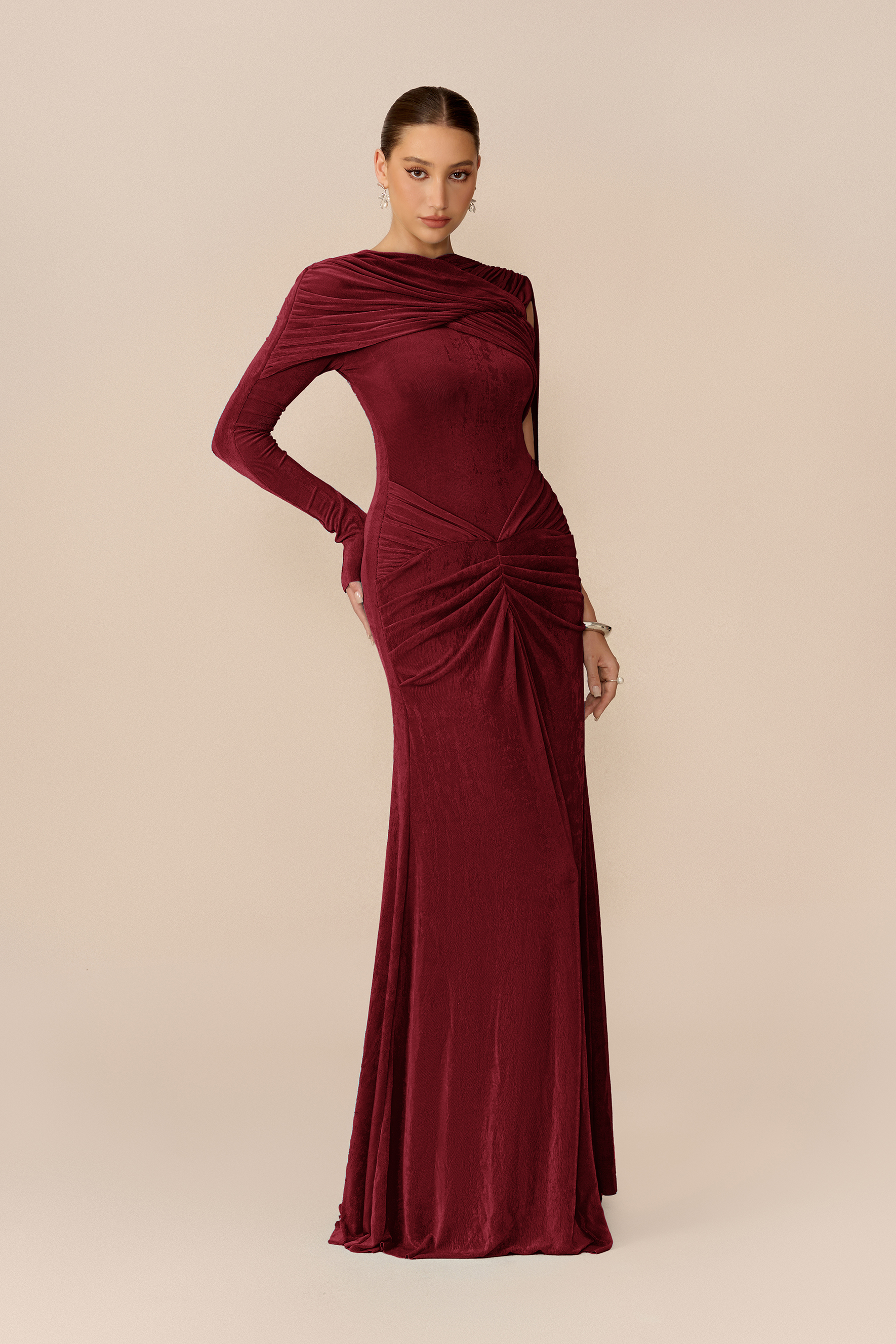 Stand Apart Burgundy One Sleeve Draped Cape Maxi Dress