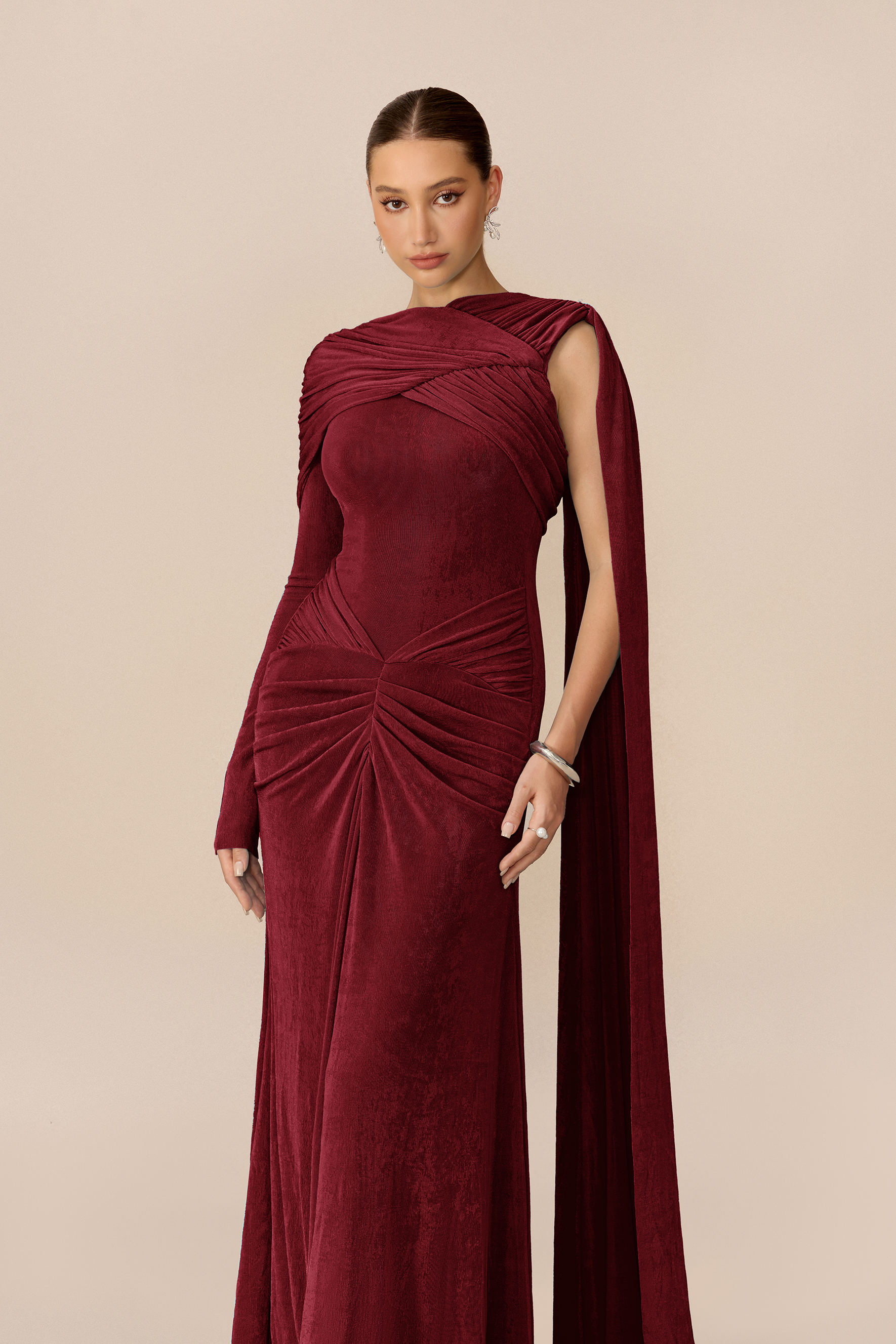 Stand Apart Burgundy One Sleeve Draped Cape Maxi Dress