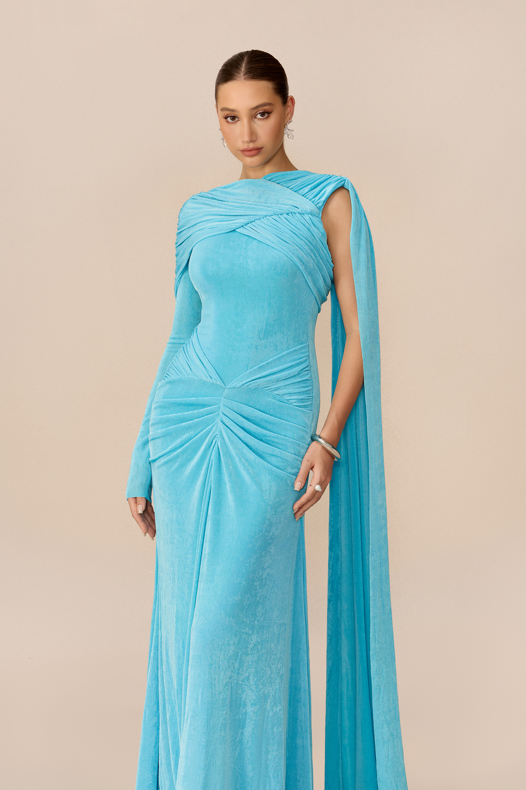 Stand Apart Blue One Sleeve Draped Cape Maxi Dress