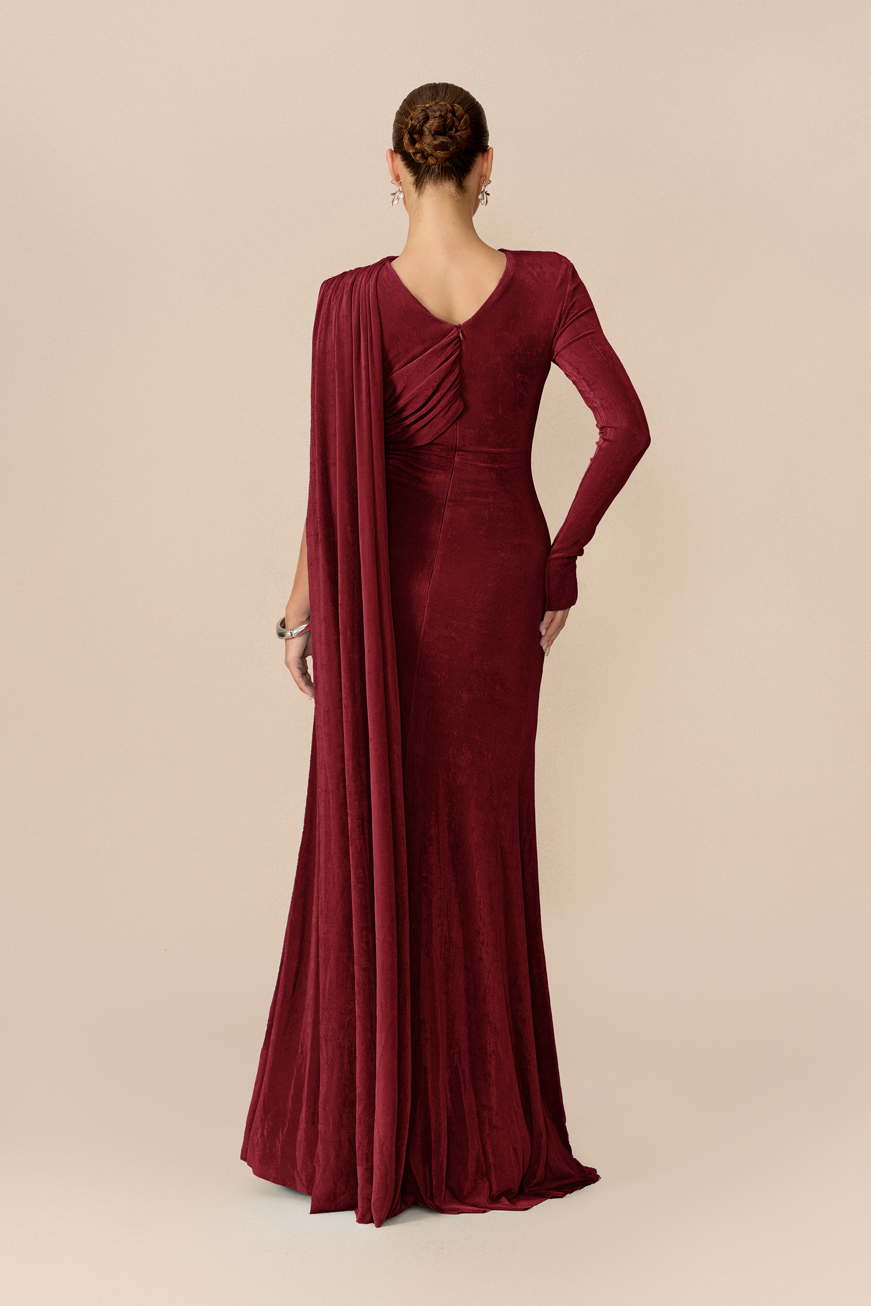 Stand Apart Burgundy One Sleeve Draped Cape Maxi Dress