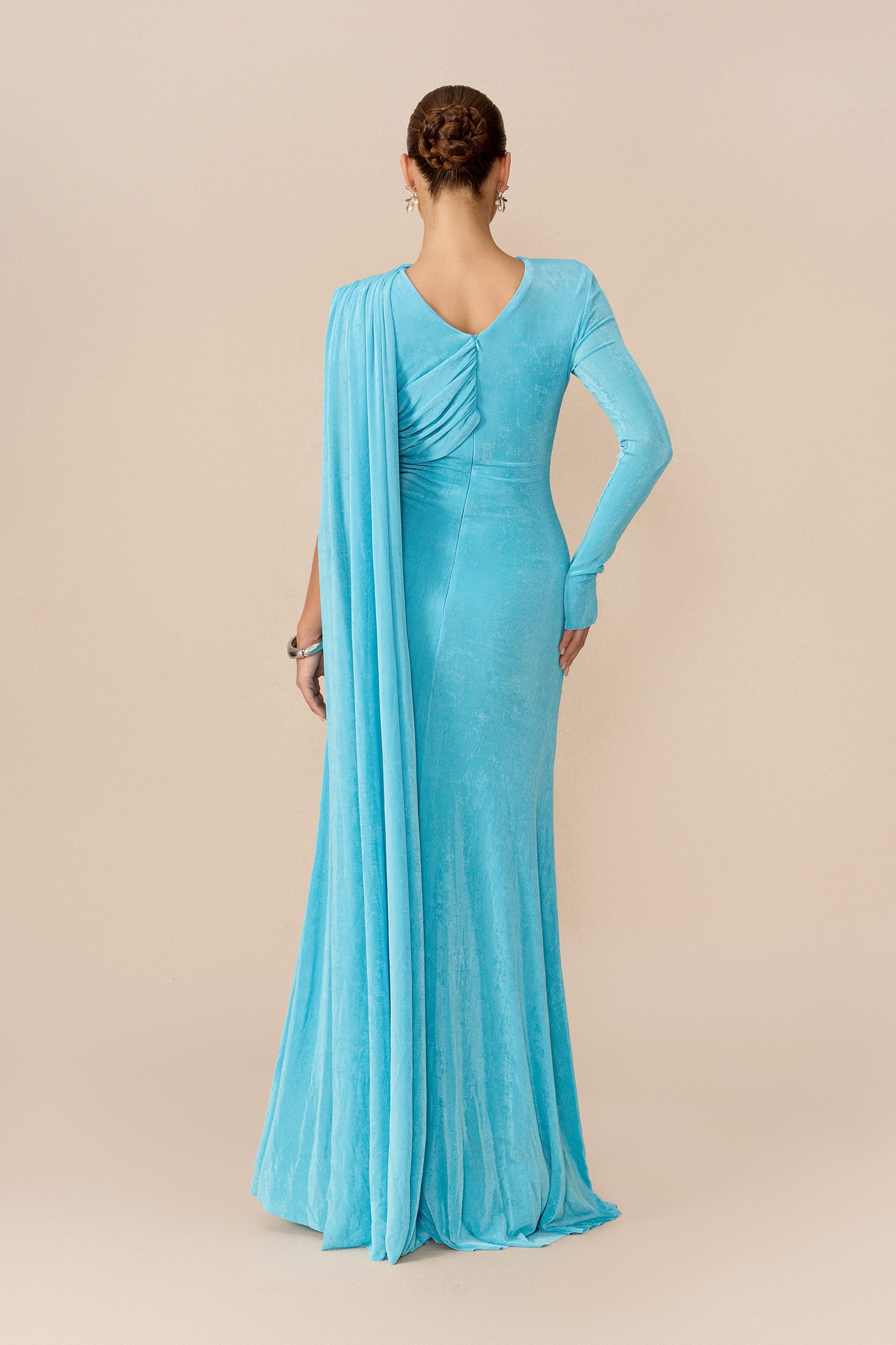 Stand Apart Blue One Sleeve Draped Cape Maxi Dress
