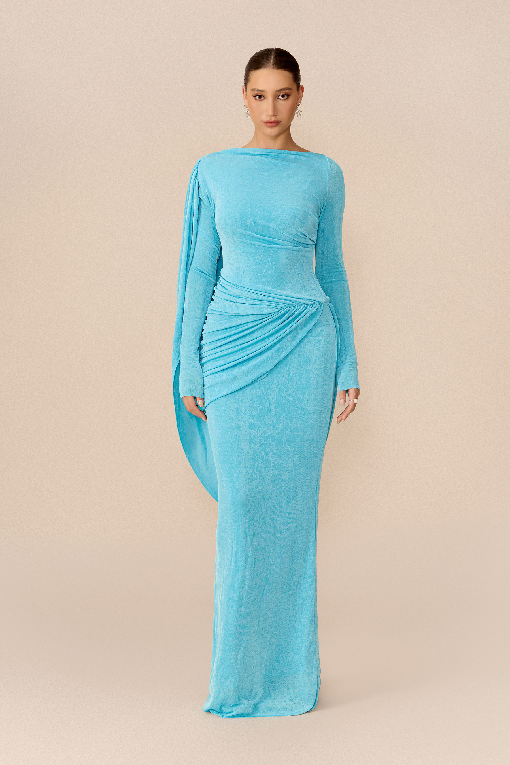Dramatic Elegance Blue Cape Detail Ruched Maxi Dress