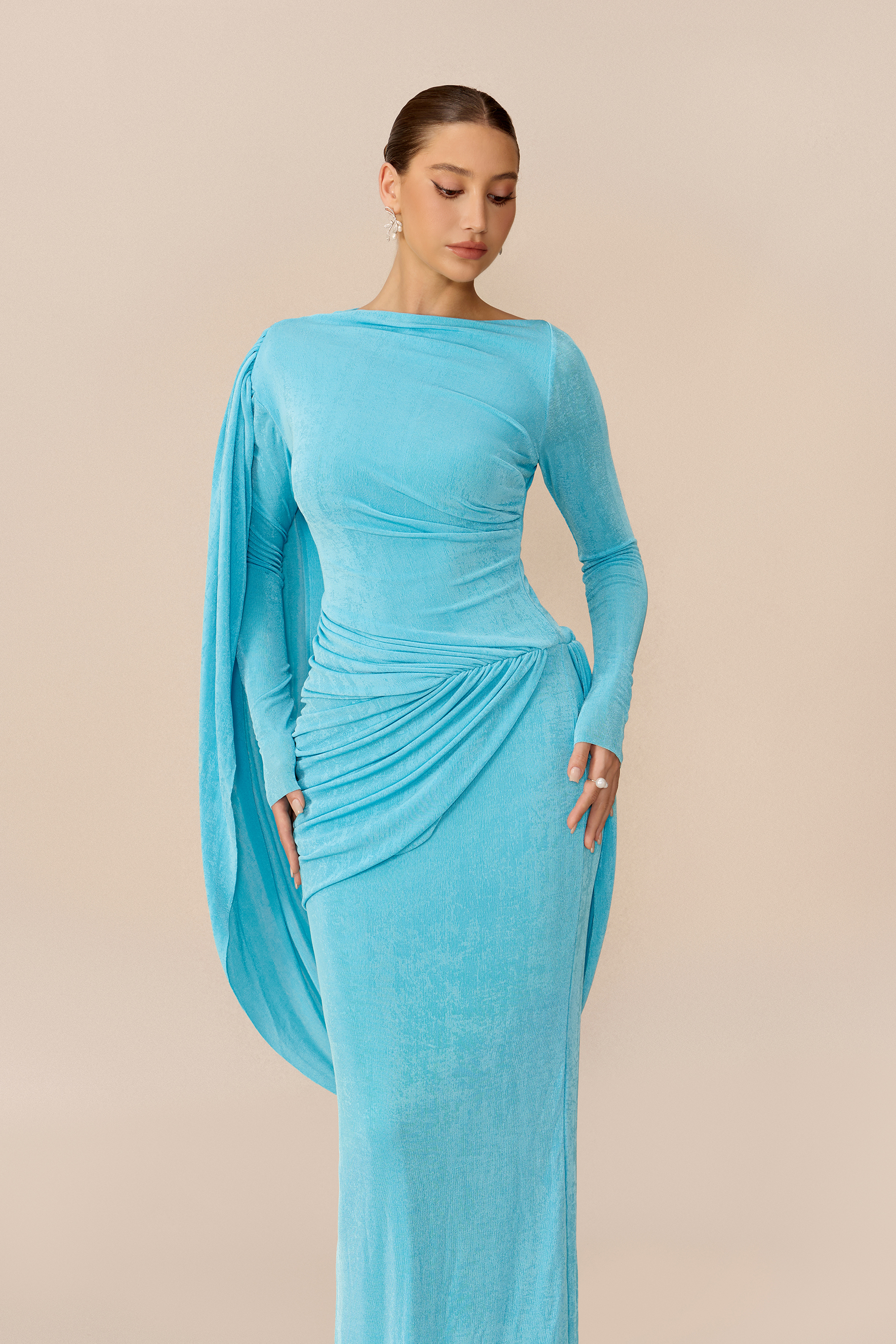 Dramatic Elegance Blue Cape Detail Ruched Maxi Dress