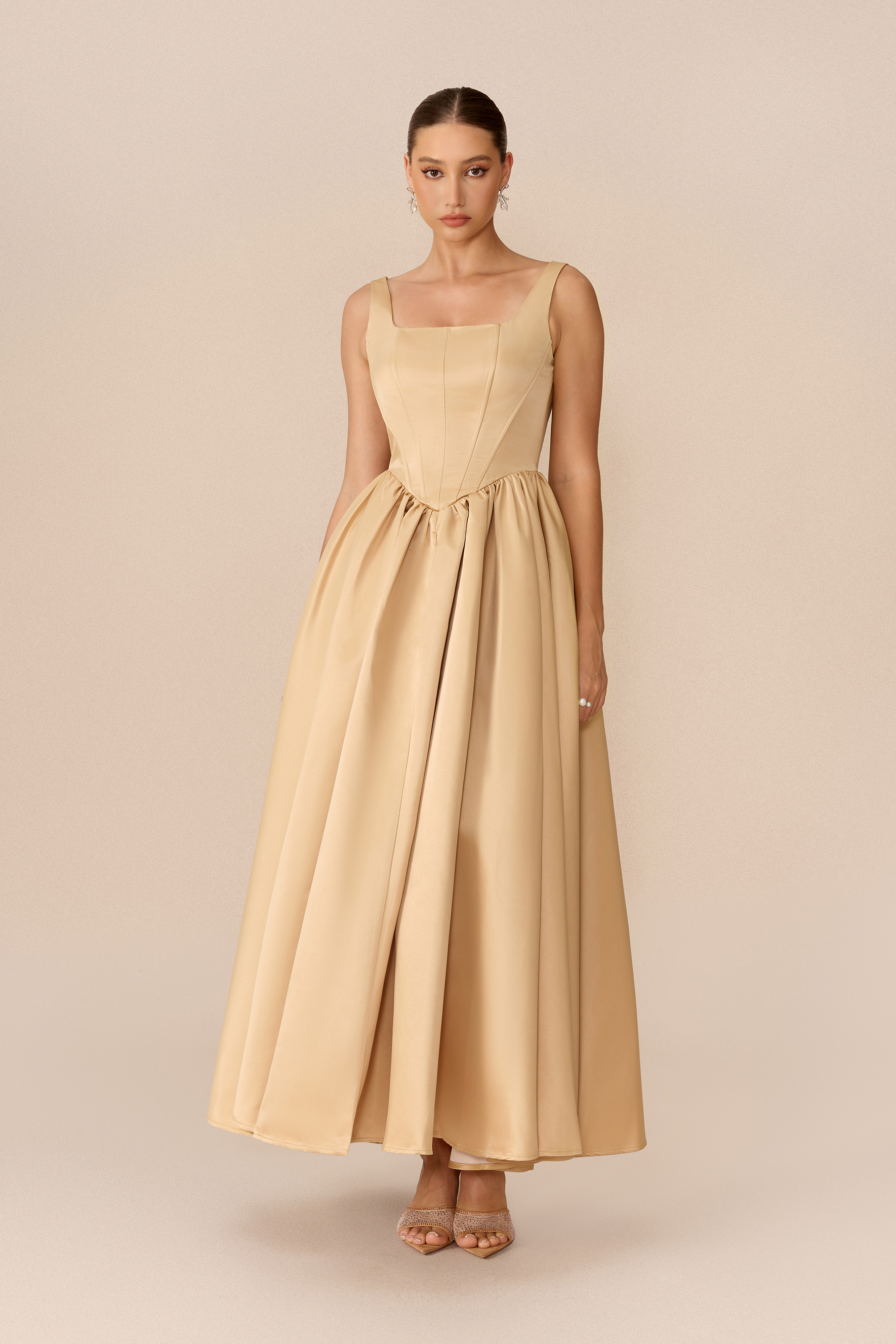 Refined Romance Khaki Square Neck Corset Maxi Dress