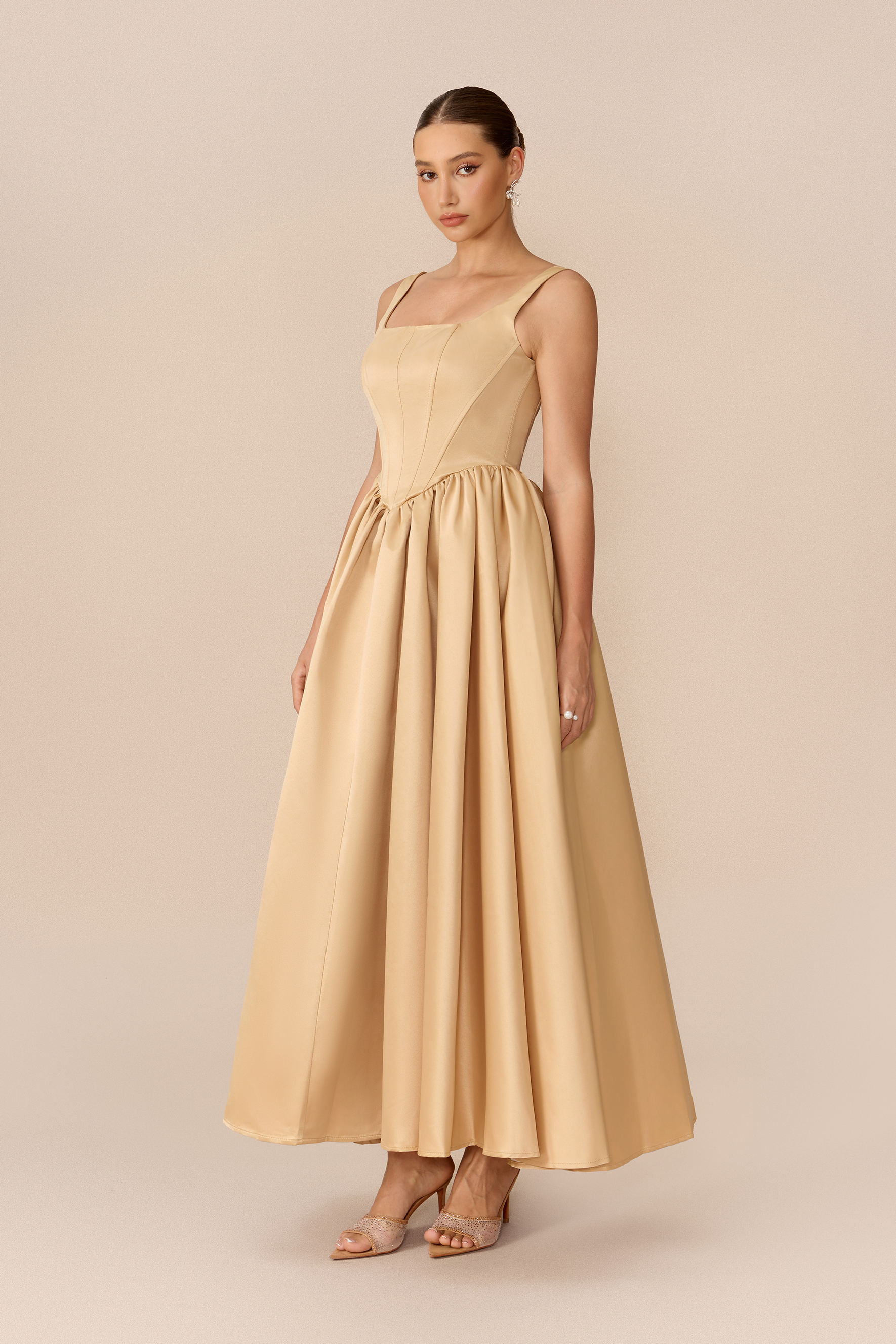 Refined Romance Khaki Square Neck Corset Maxi Dress