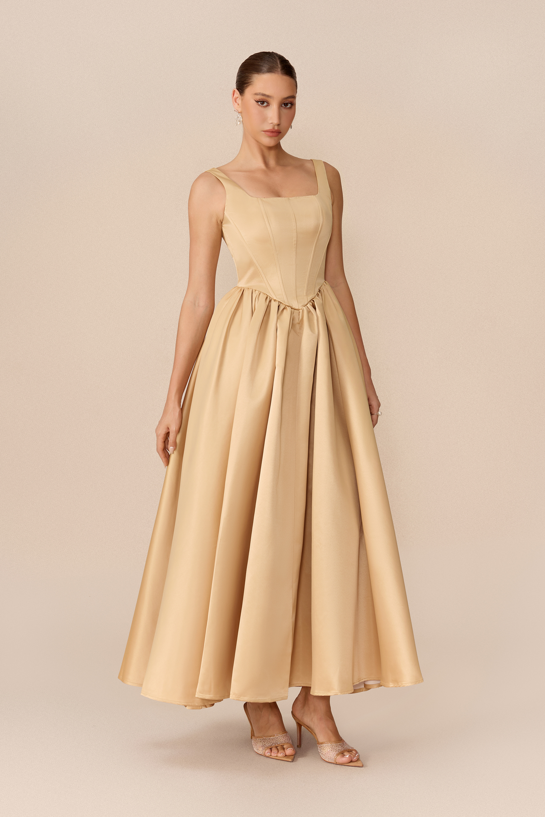 Refined Romance Khaki Square Neck Corset Maxi Dress