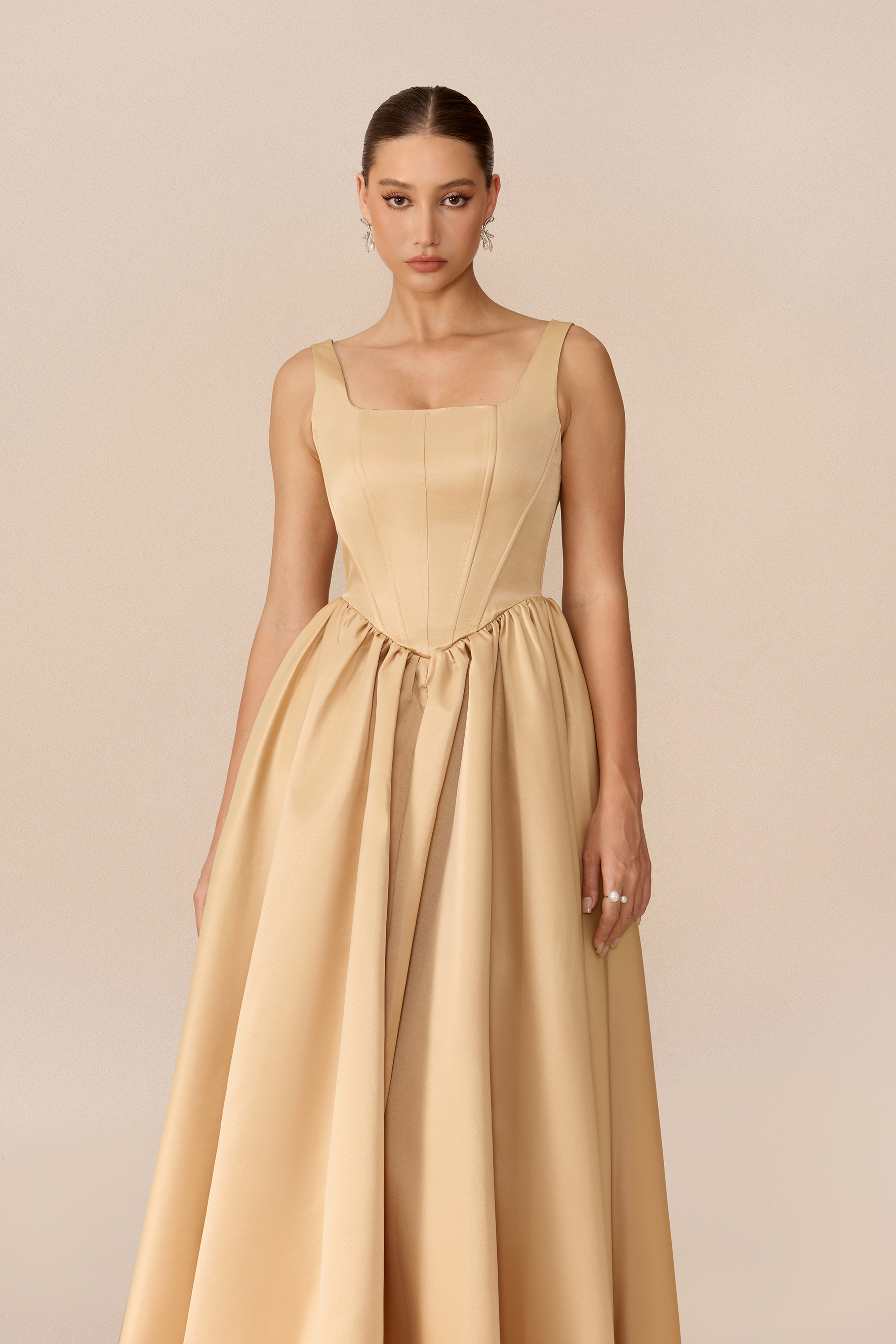 Refined Romance Khaki Square Neck Corset Maxi Dress