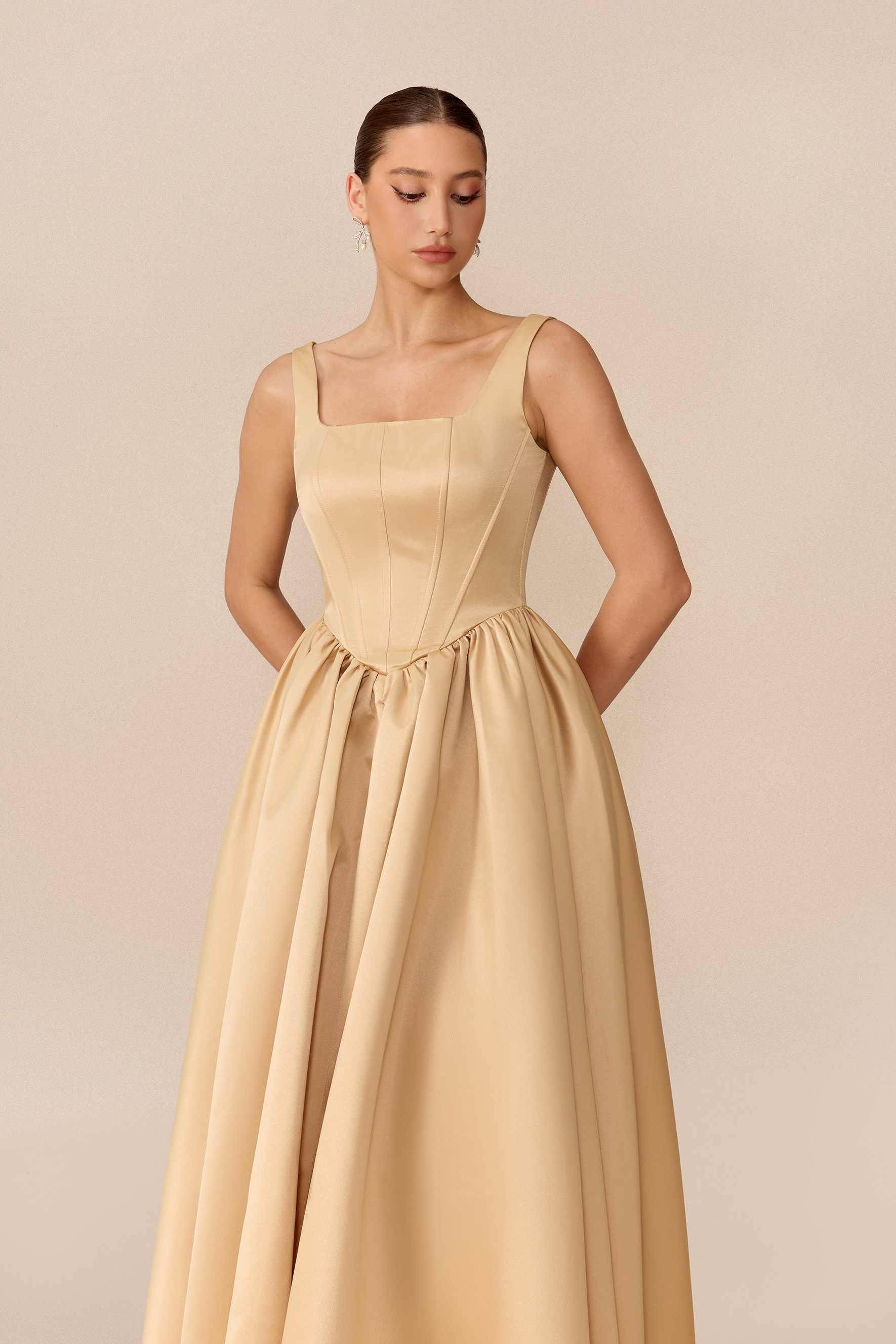 Refined Romance Khaki Square Neck Corset Maxi Dress