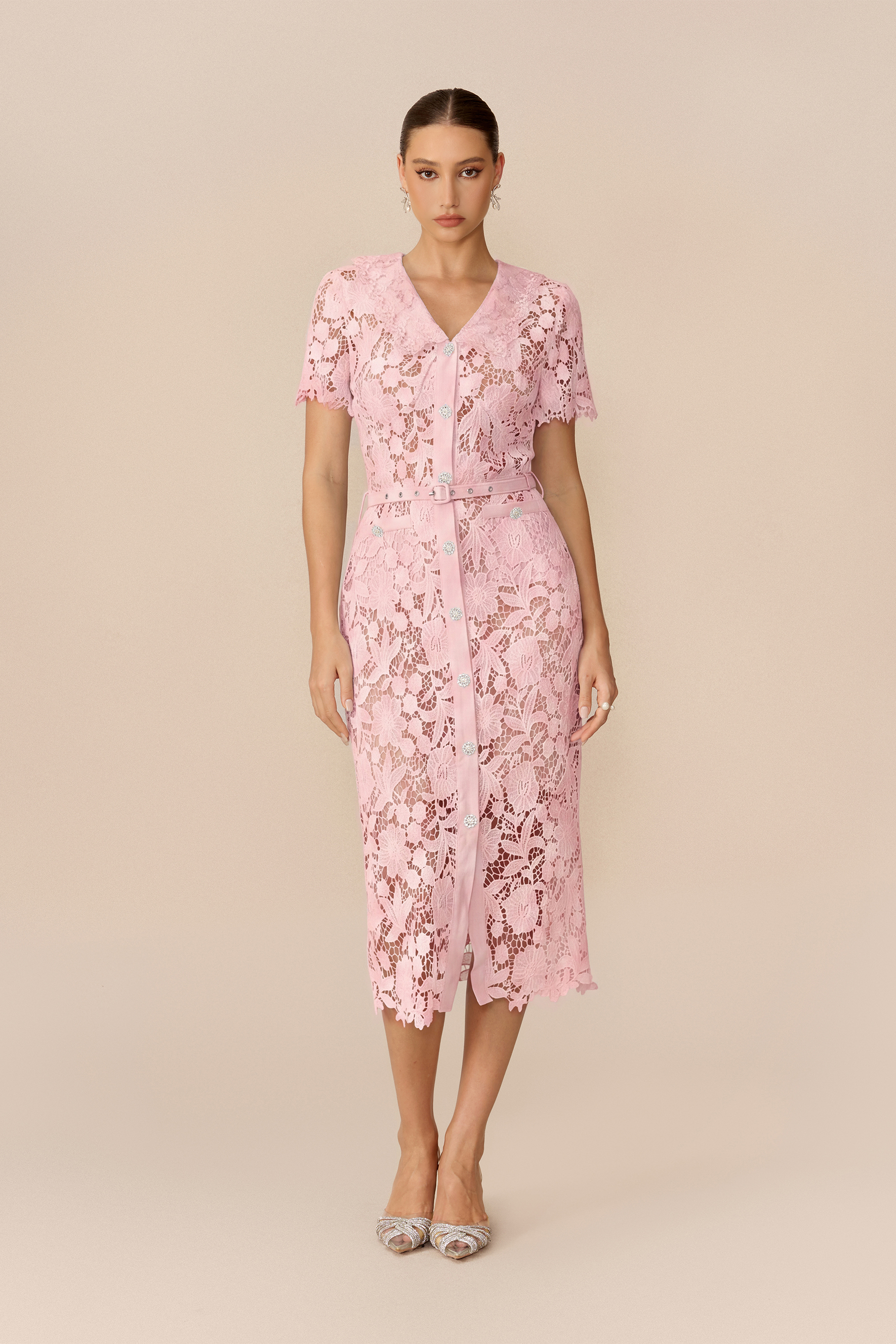 Soft Beauty Pink Floral Lace Short Sleeve Midi Dress